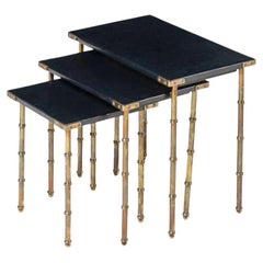 Jacques Adnet, French Mid-Century Modern, Nesting Tables, Leather, Brass, 1950s