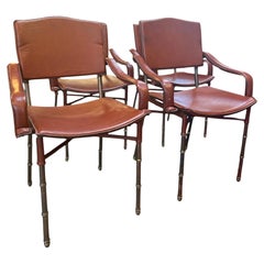 Jacques Adnet Chaises Modernistes Françaises en Cuir et Laiton (Lot de 4)