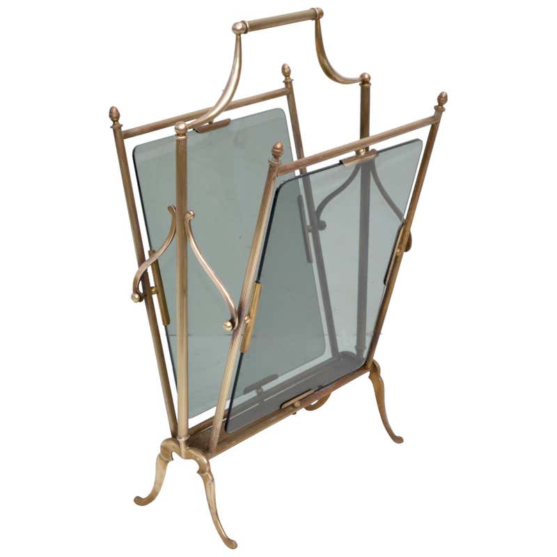 Object Rack Neoclassical Brass Magazine Rack with Blue Glass Panels, circa 1960 For ...