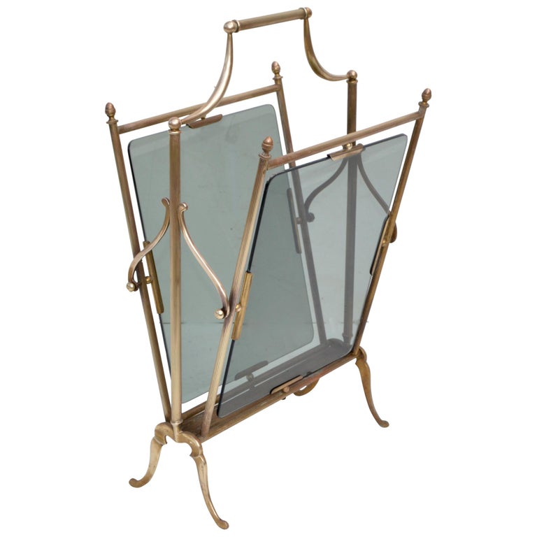 Jacques Adnet French Neoclassical Brass and Smoked Glass Magazine Rack For  Sale at 1stDibs