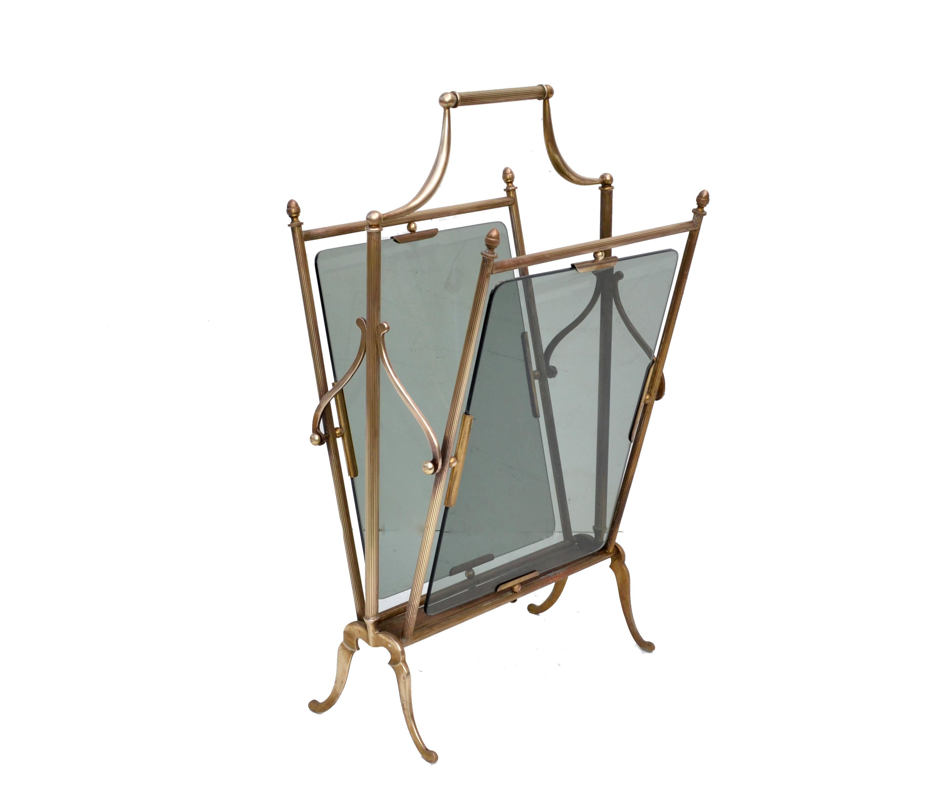Jacques Adnet French Neoclassical Brass and Smoked Glass Magazine Rack For Sale 8