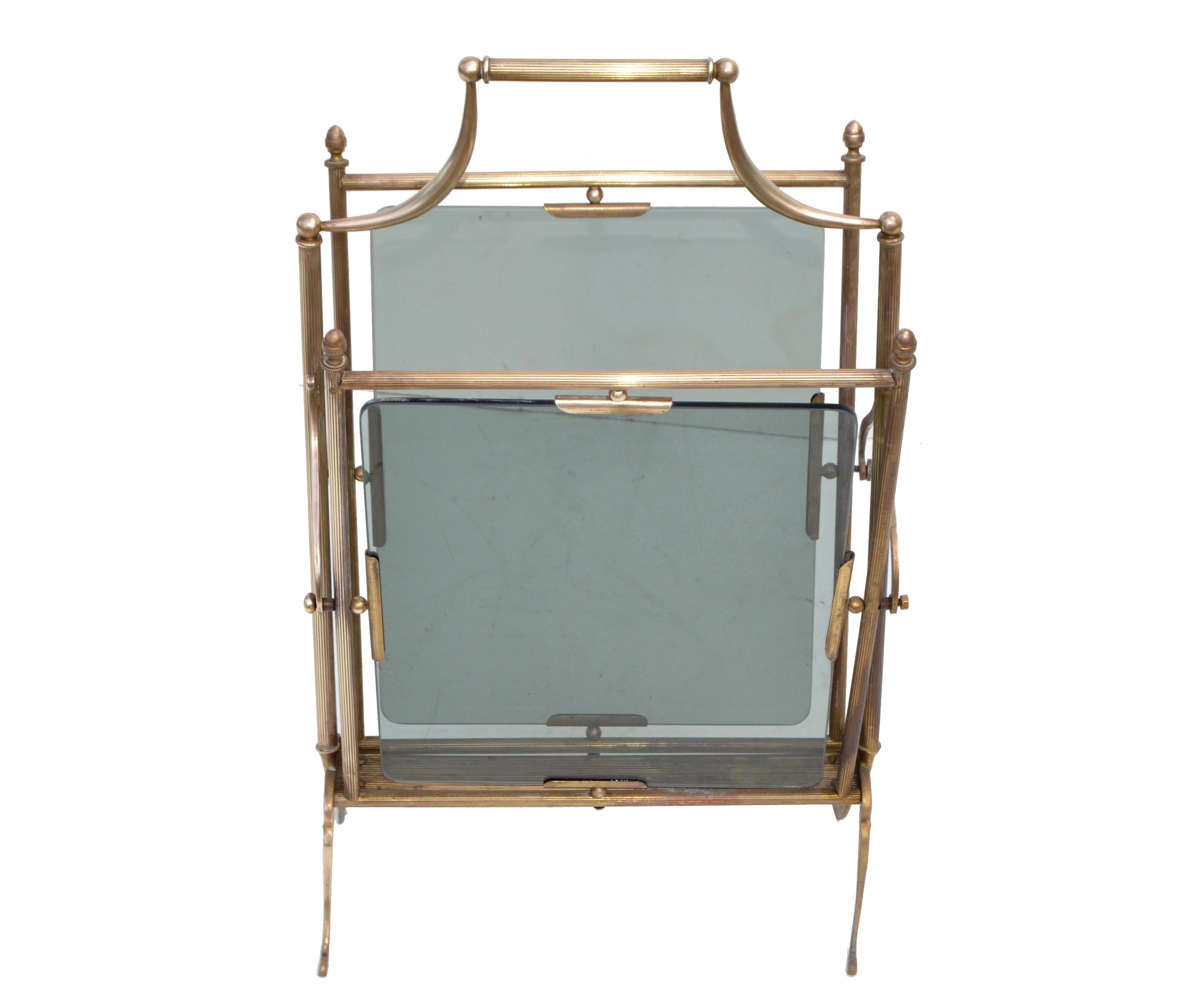 French neoclassical Jacques Adnet brass and smoked glass magazine rack, newspaper stand.