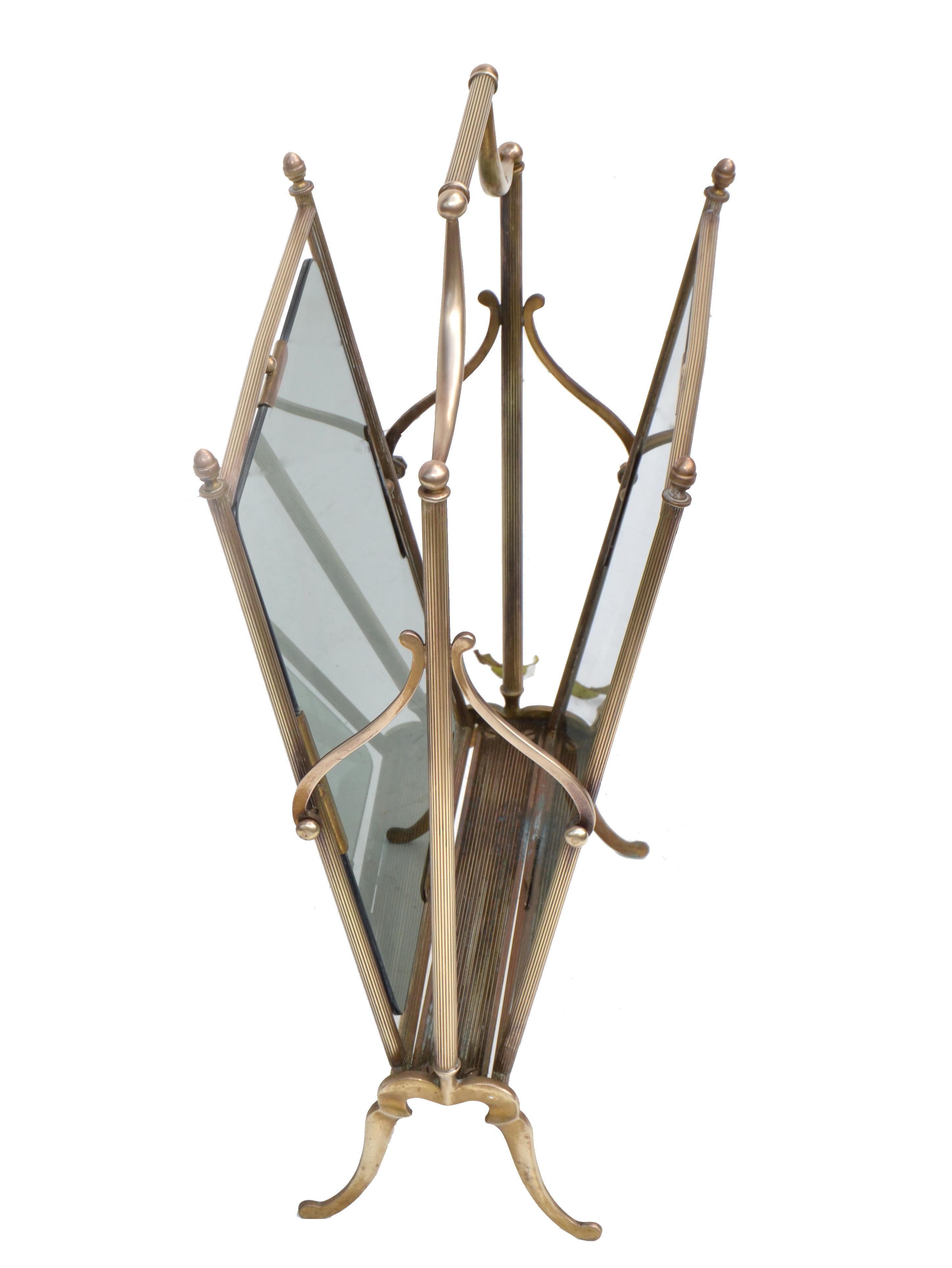 Jacques Adnet French Neoclassical Brass and Smoked Glass Magazine Rack In Good Condition For Sale In Miami, FL