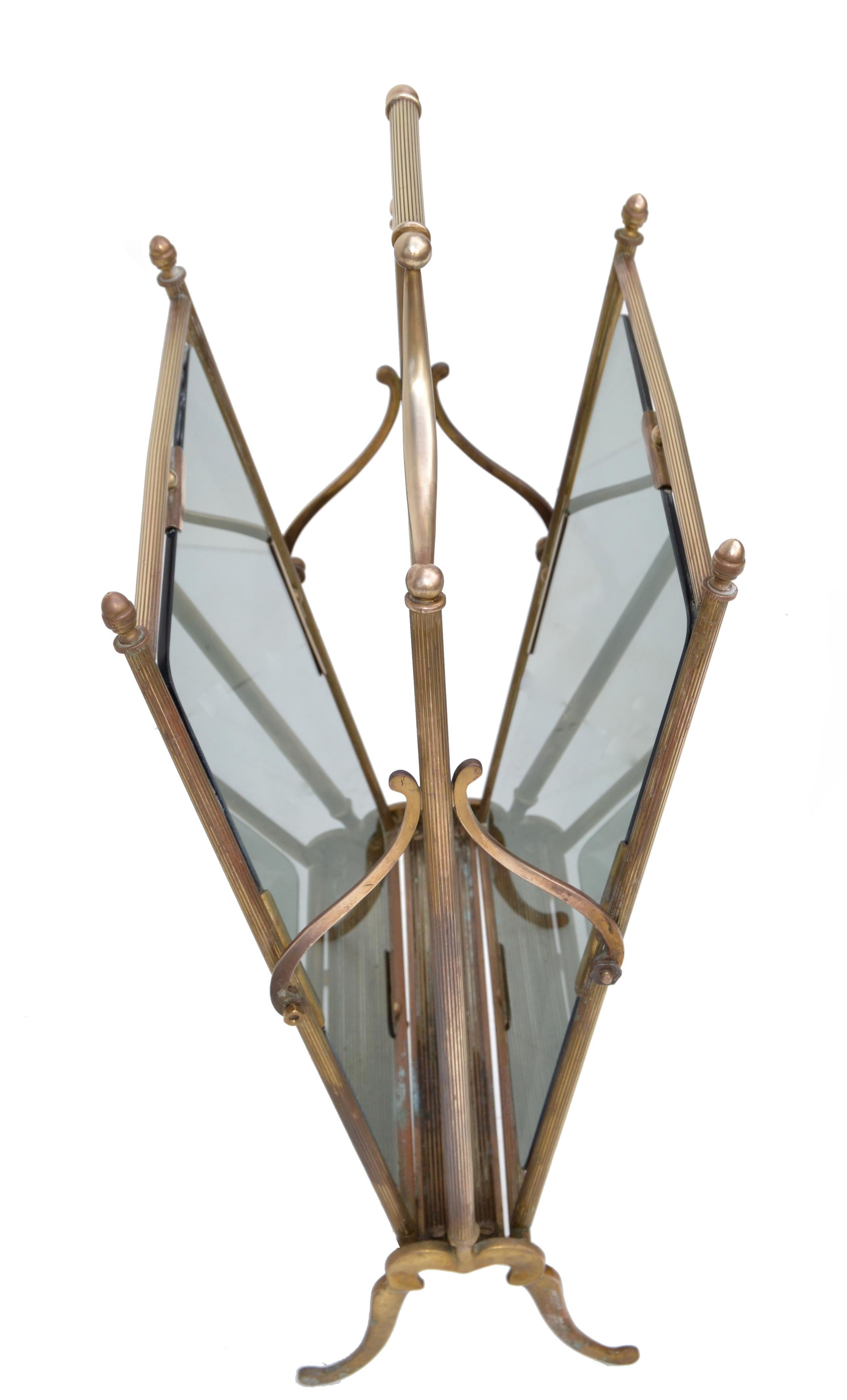 Mid-20th Century Jacques Adnet French Neoclassical Brass and Smoked Glass Magazine Rack For Sale