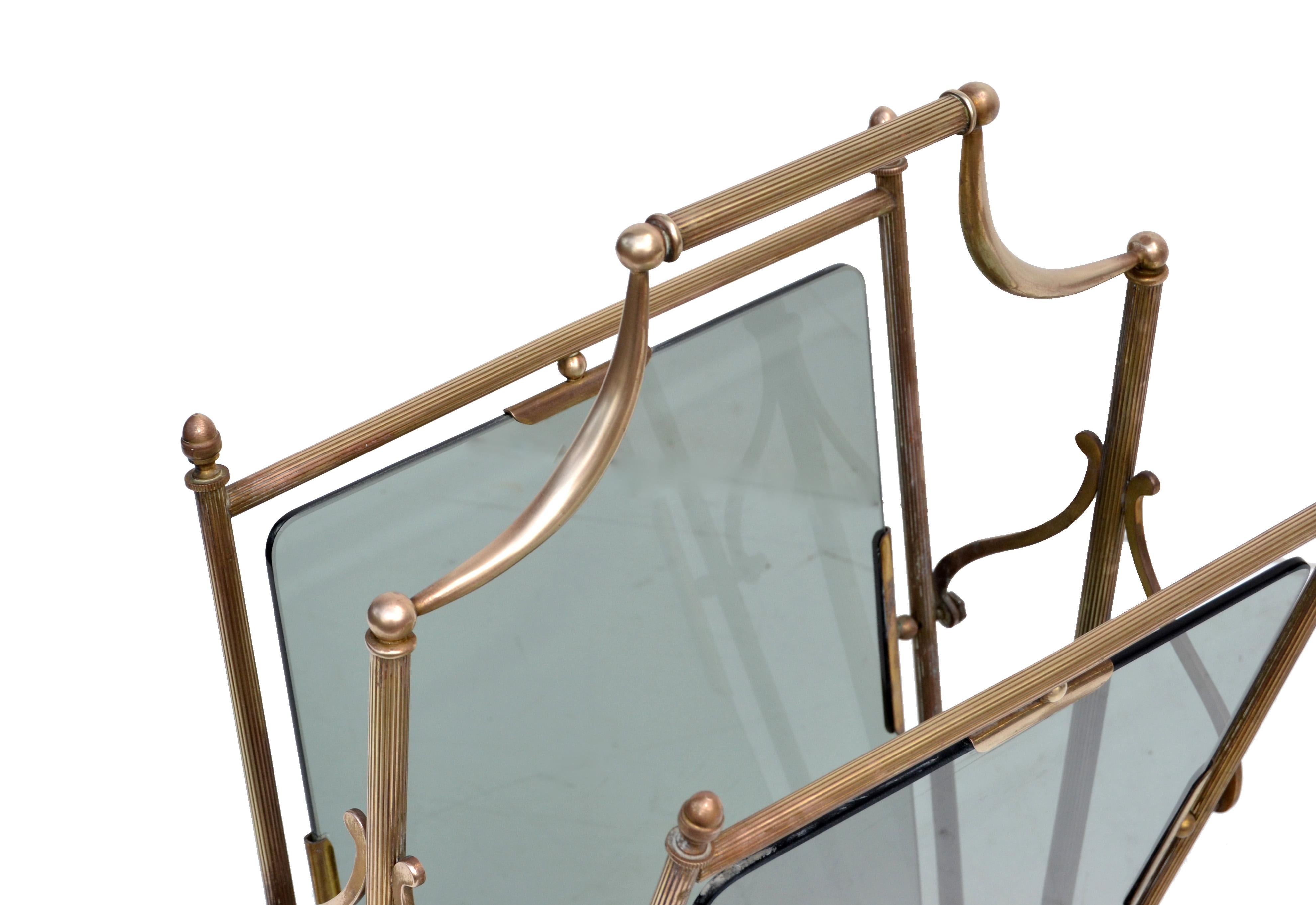 Jacques Adnet French Neoclassical Brass and Smoked Glass Magazine Rack For Sale 1