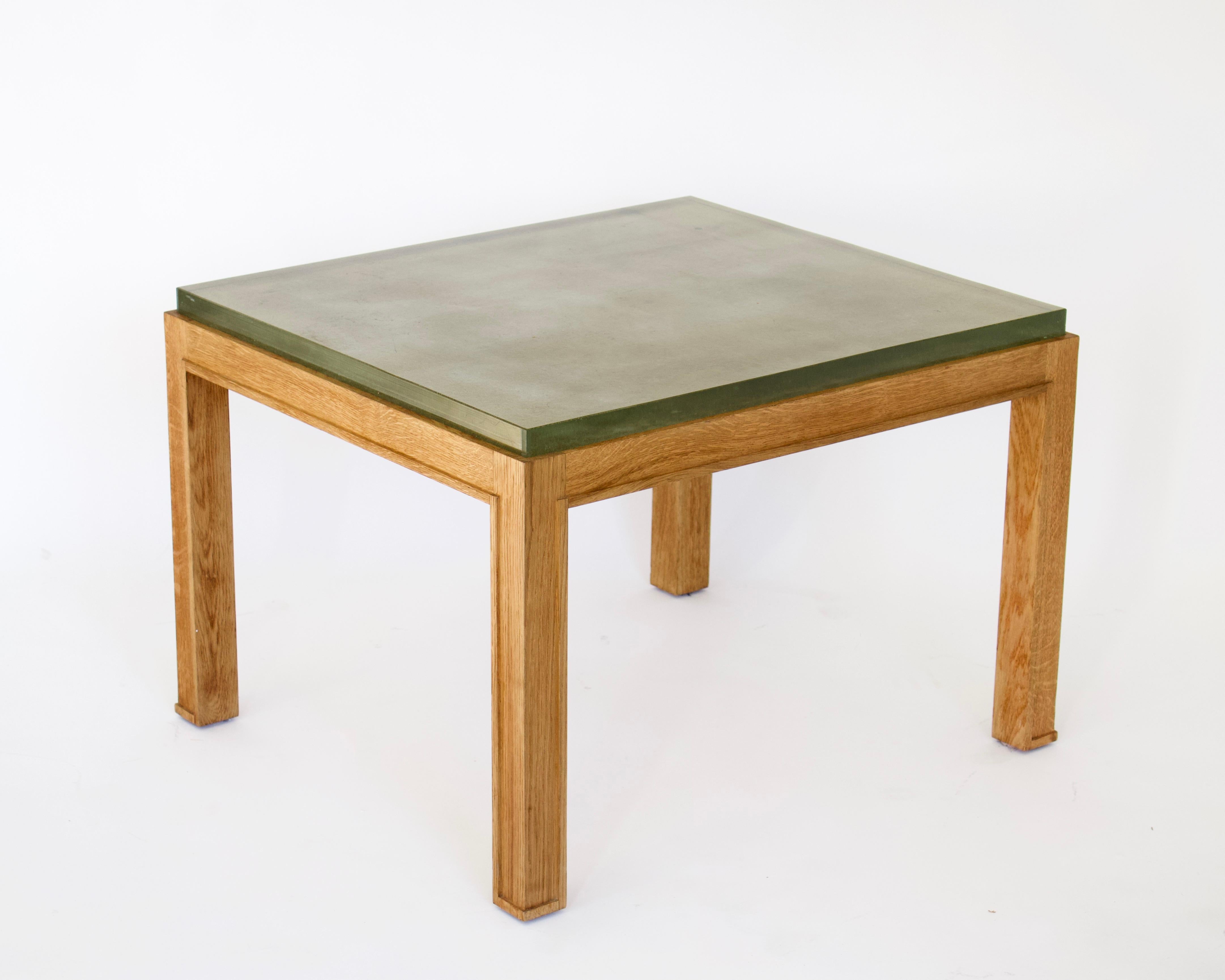 Mid-Century Modern Jacques Adnet French Oak and St Gobain Verre Eglosime Side or End Table For Sale