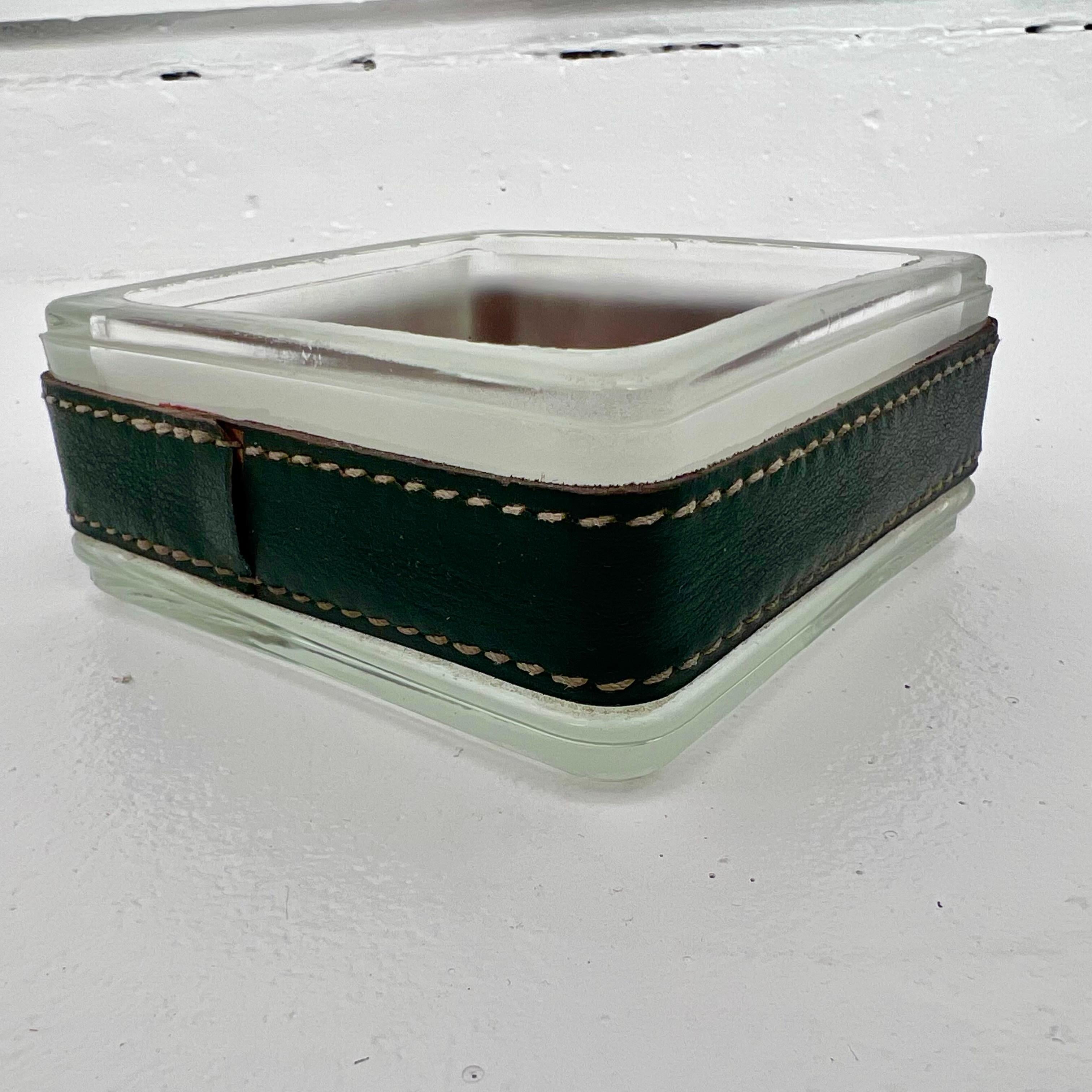 Leather Jacques Adnet Glass Ashtray/Catchall, 1950s France For Sale