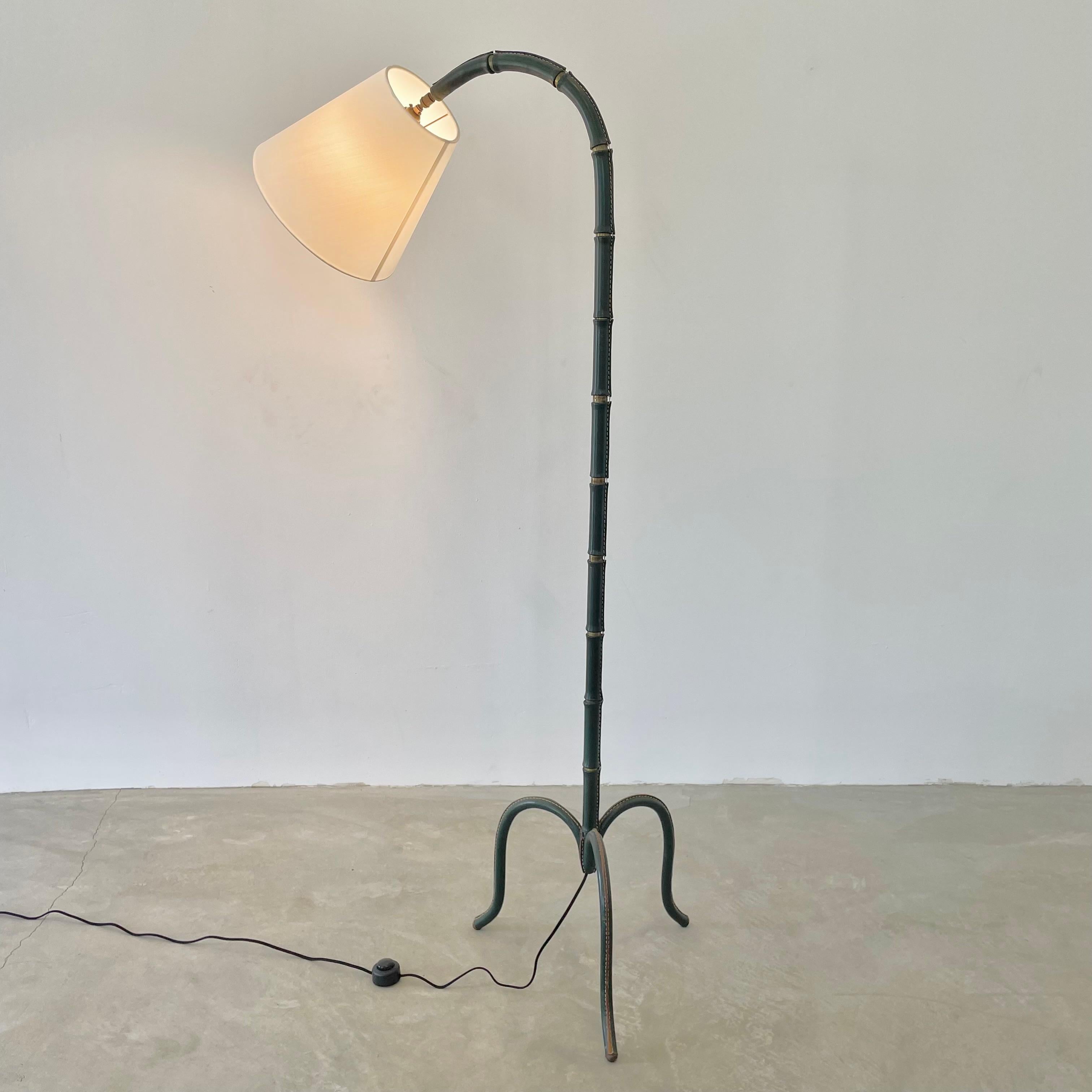 Jacques Adnet Green Leather and Brass Floor Lamp, 1950s France For Sale 4