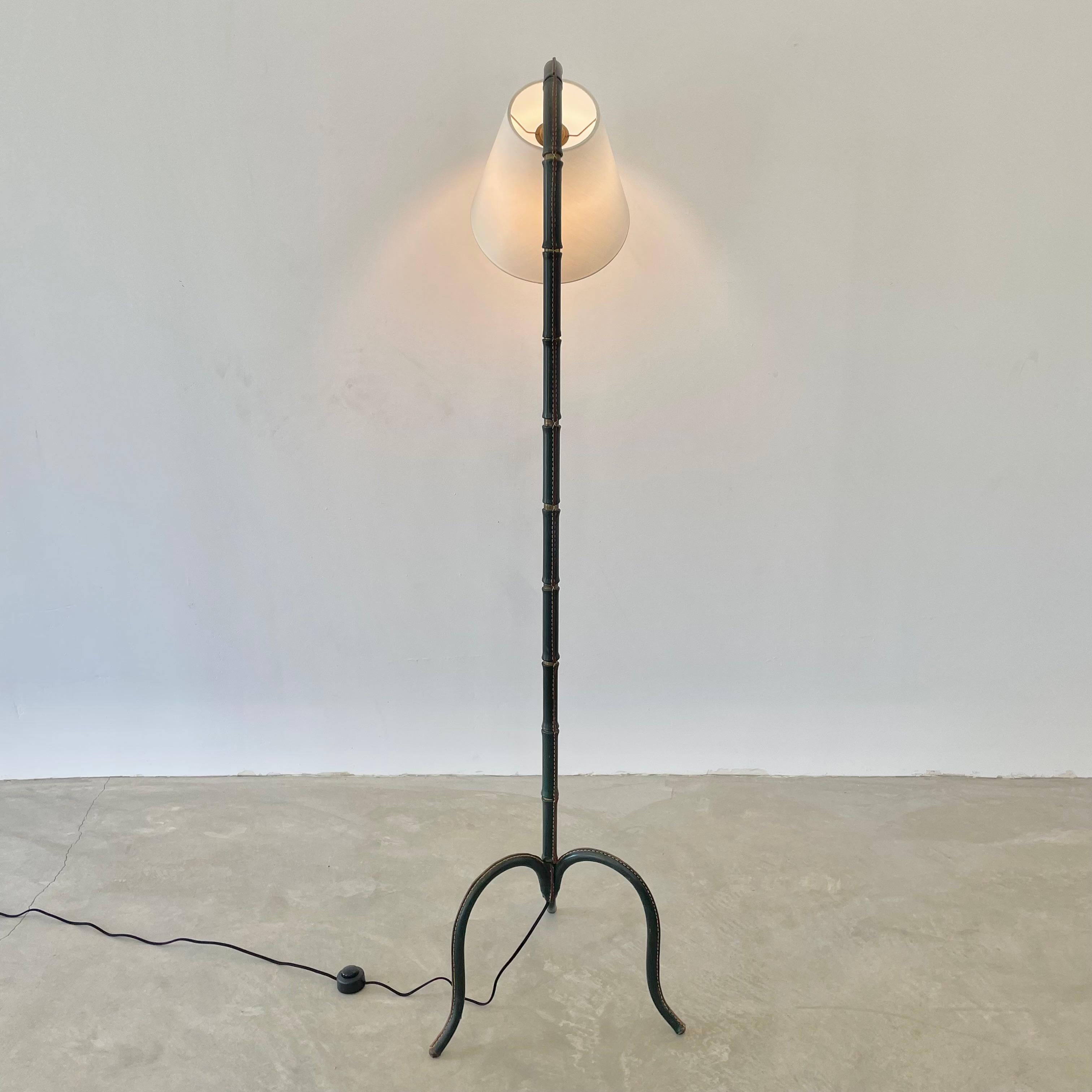 Mid-Century Modern Jacques Adnet Green Leather and Brass Floor Lamp, 1950s France For Sale