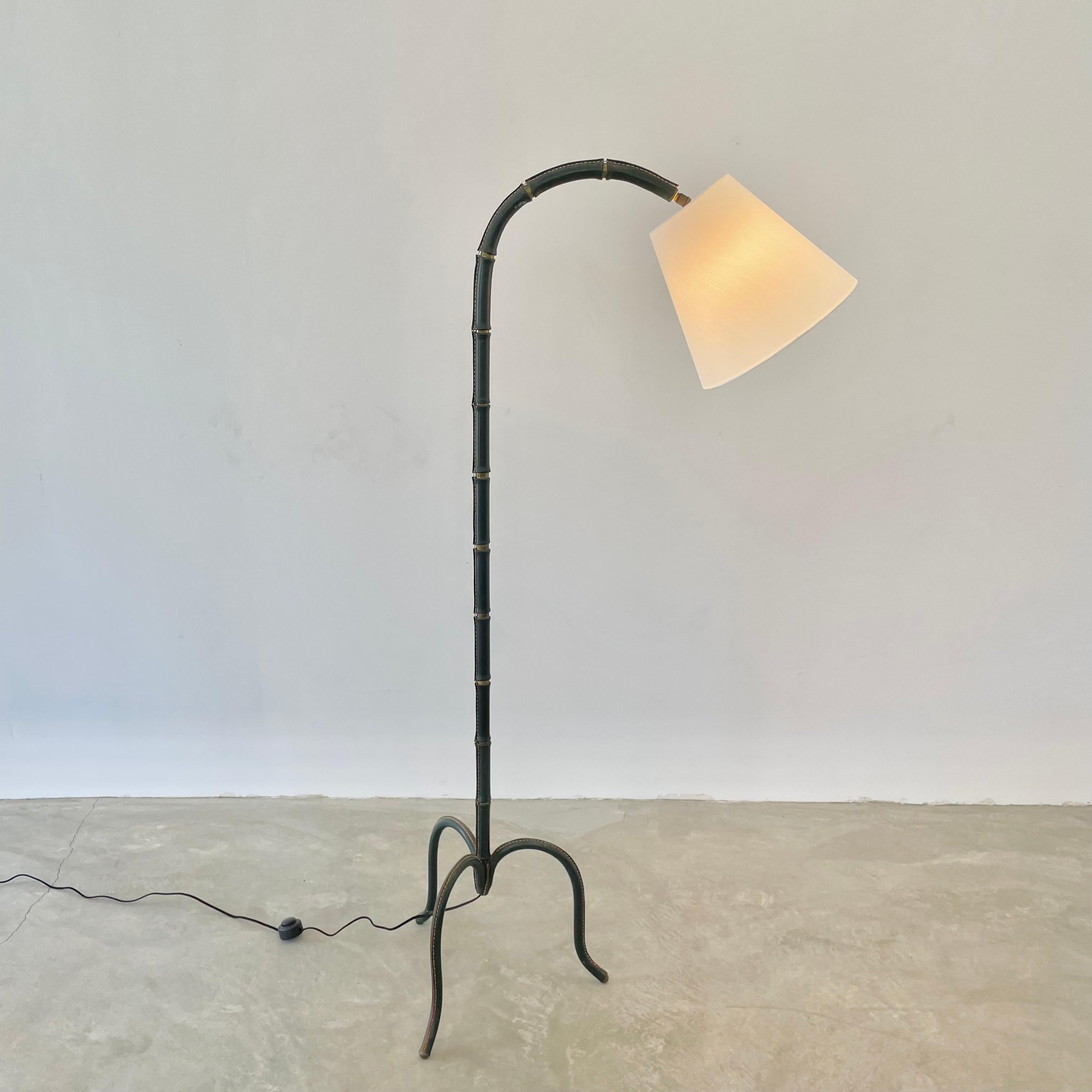 French Jacques Adnet Green Leather and Brass Floor Lamp, 1950s France For Sale