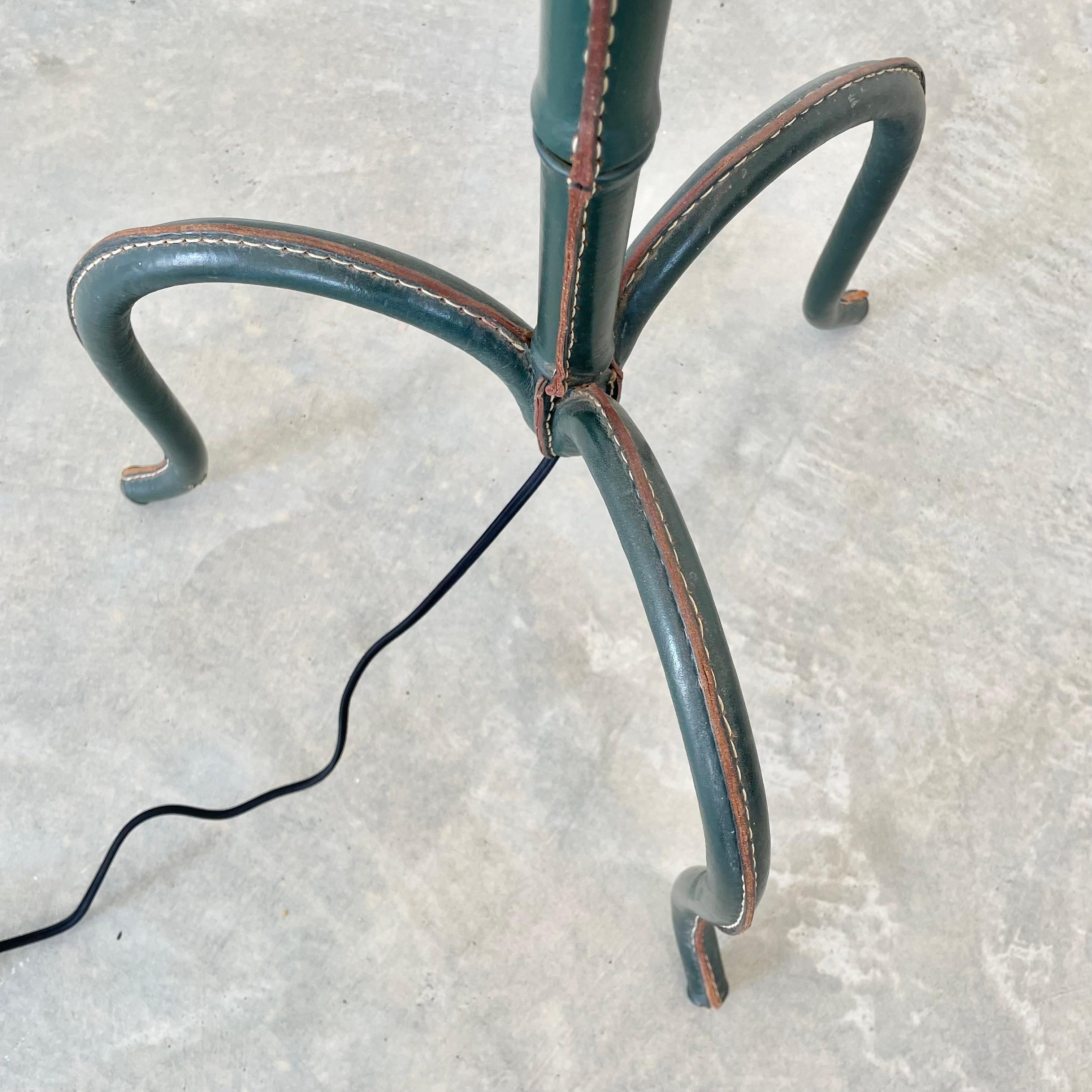 Mid-20th Century Jacques Adnet Green Leather and Brass Floor Lamp, 1950s France For Sale