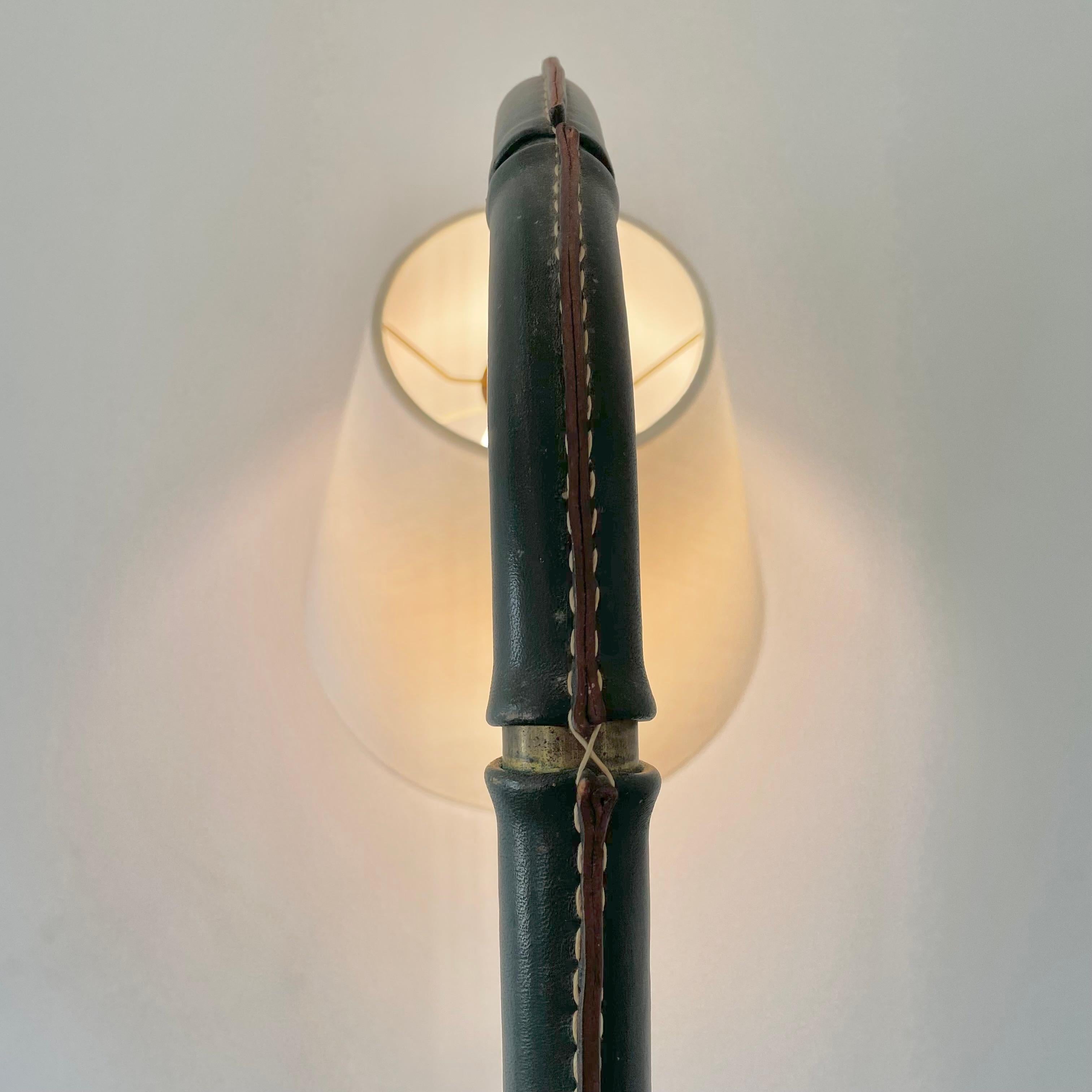 Jacques Adnet Green Leather and Brass Floor Lamp, 1950s France For Sale 1