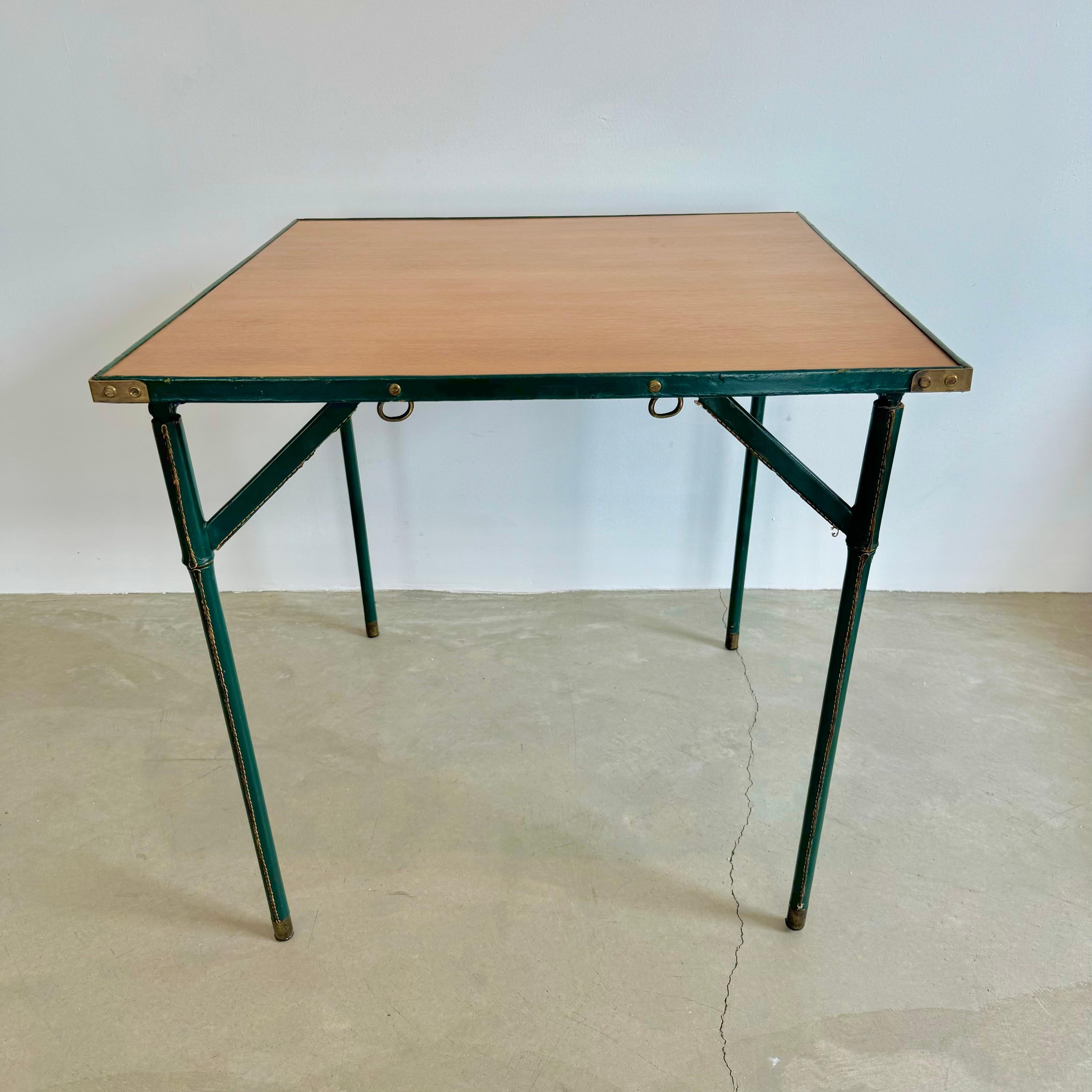 Jacques Adnet Green Leather and Wood Game Table, 1950s France For Sale 6