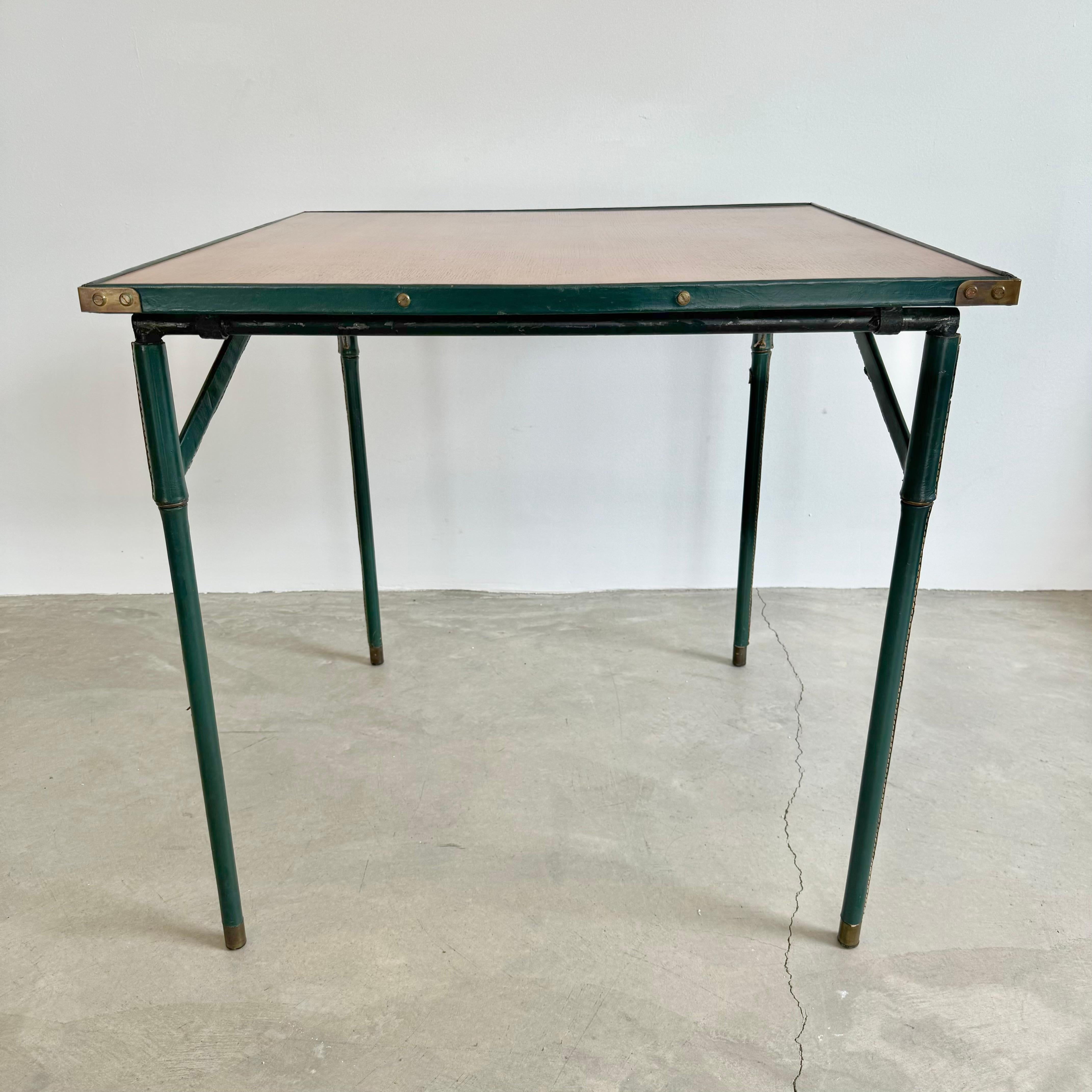 French Jacques Adnet Green Leather and Wood Game Table, 1950s France For Sale