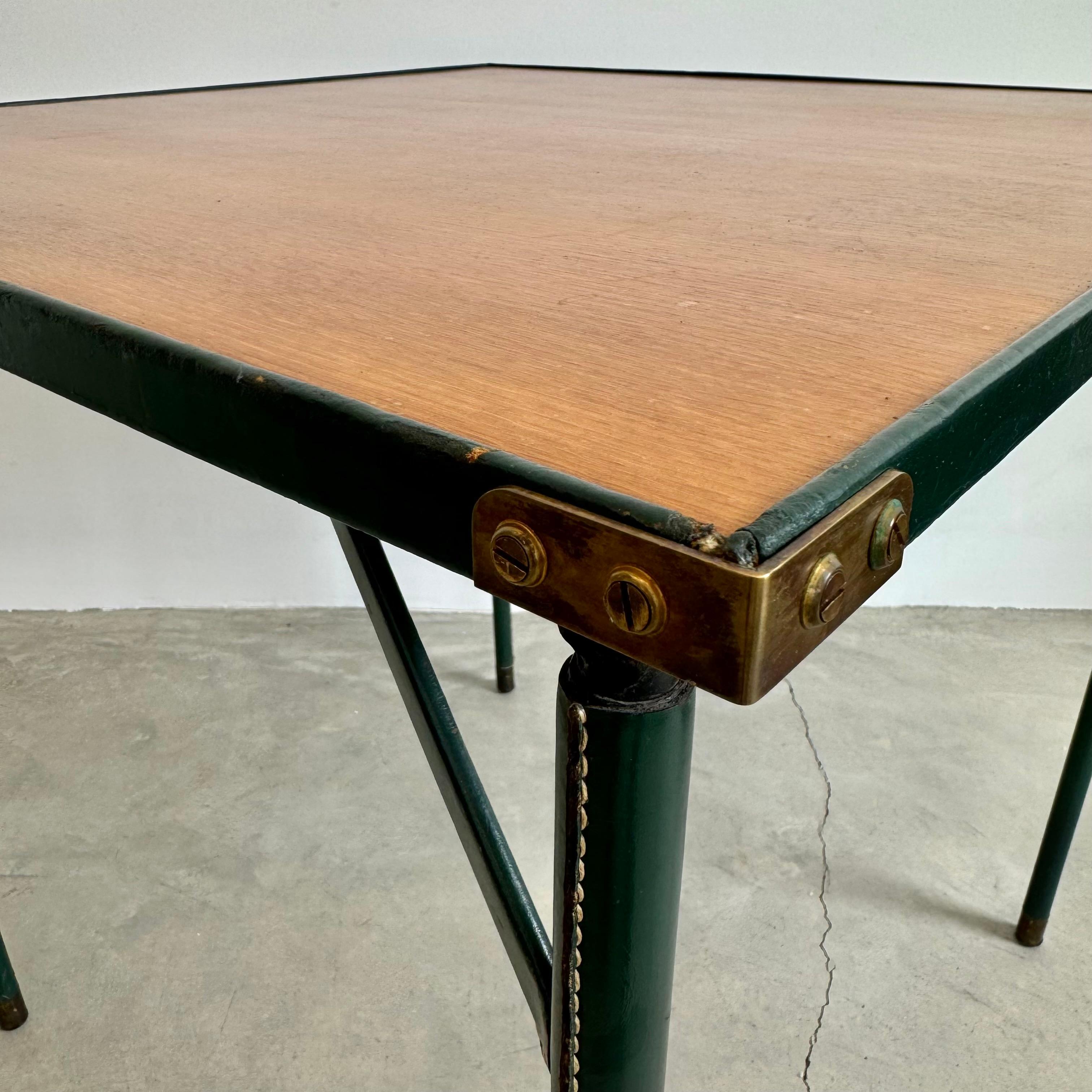 Mid-20th Century Jacques Adnet Green Leather and Wood Game Table, 1950s France For Sale