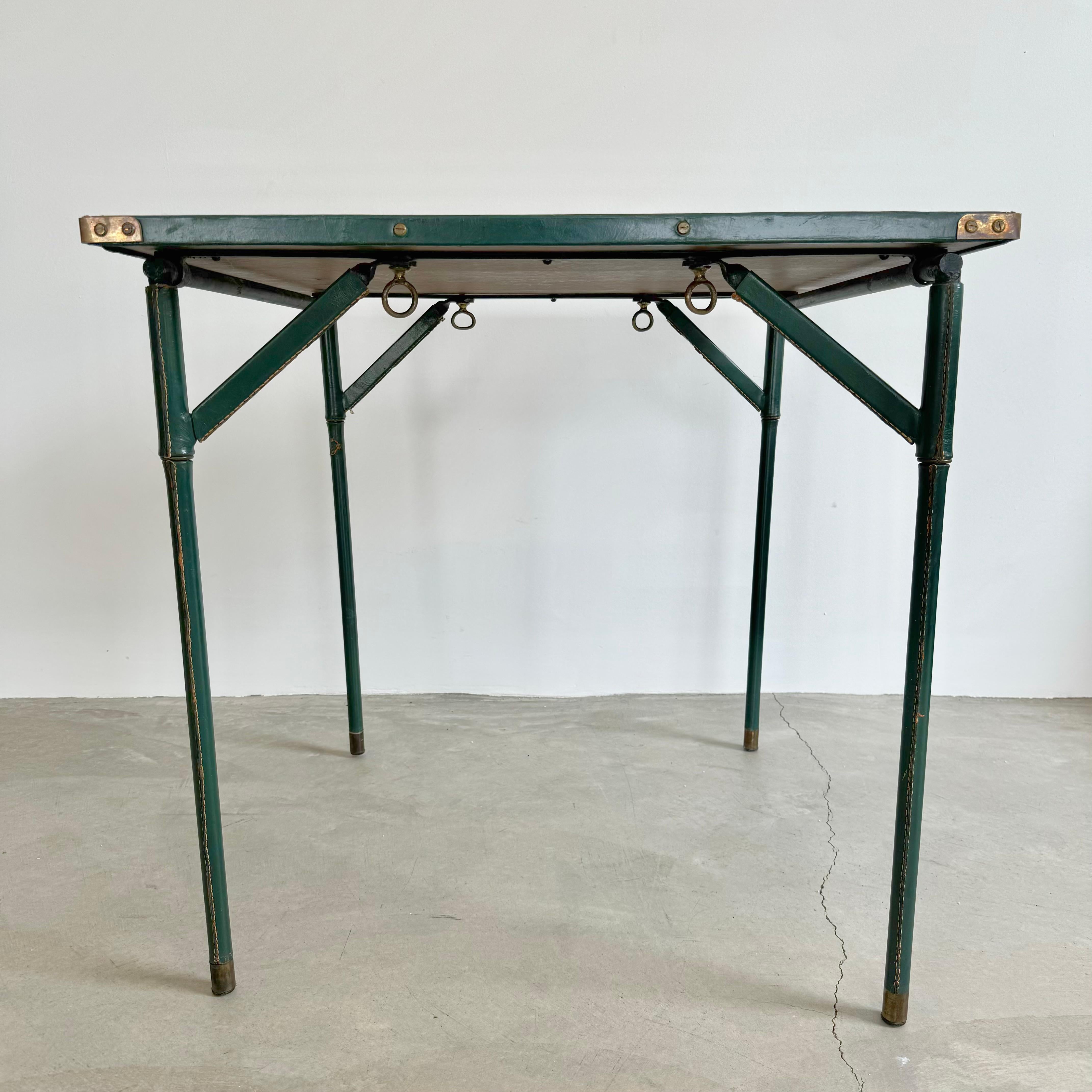 Brass Jacques Adnet Green Leather and Wood Game Table, 1950s France For Sale