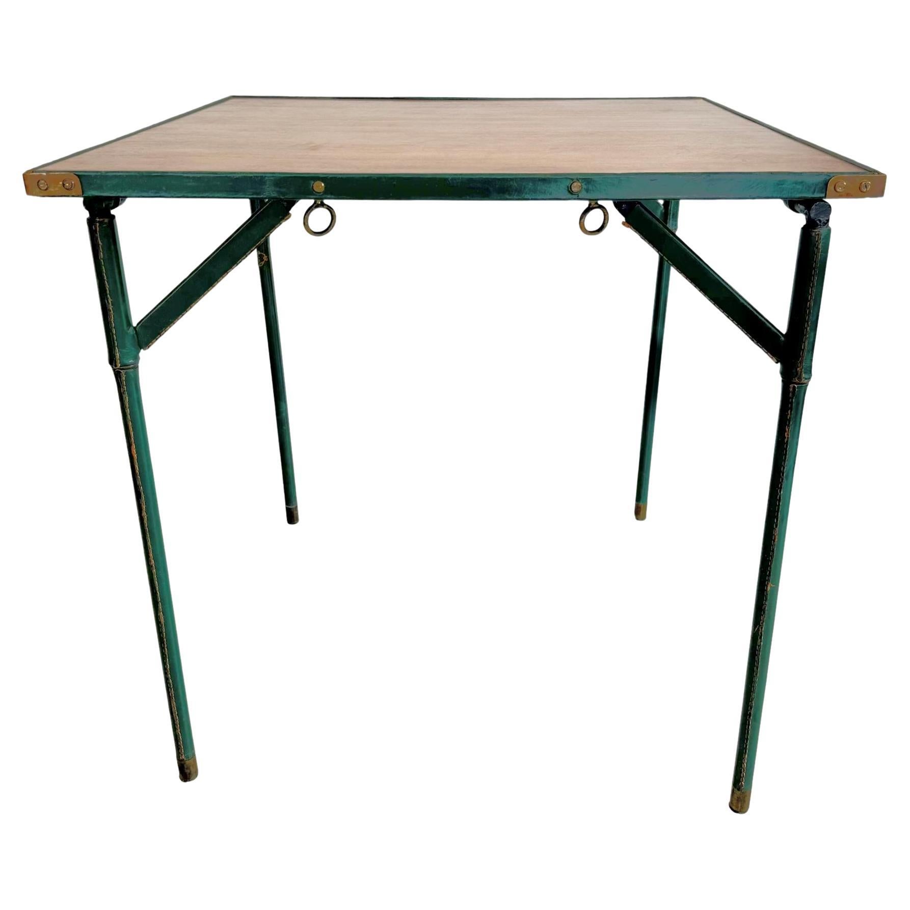 Jacques Adnet Green Leather and Wood Game Table, 1950s France For Sale