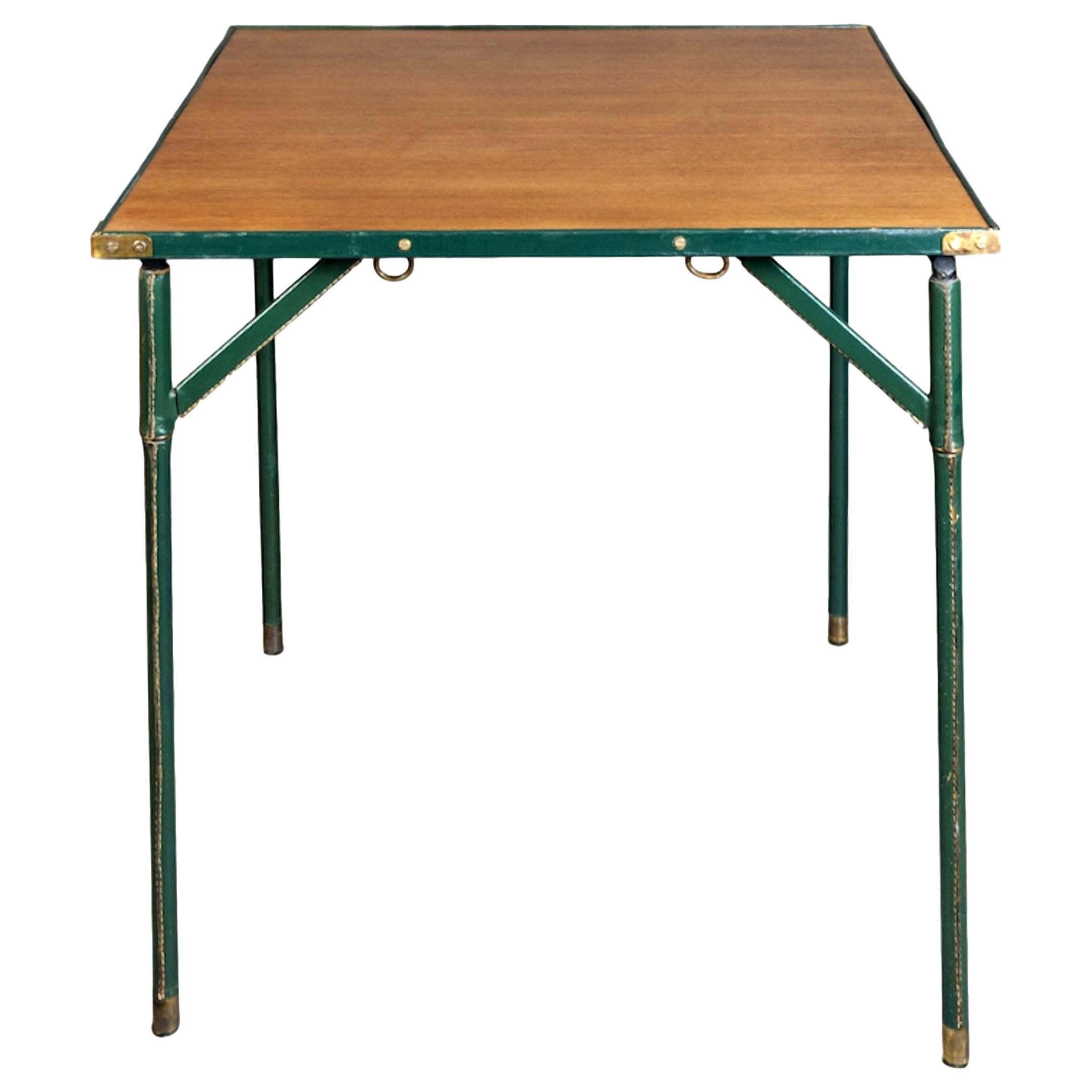 Jacques Adnet Green Leather and Wood Game Table, 1950s France