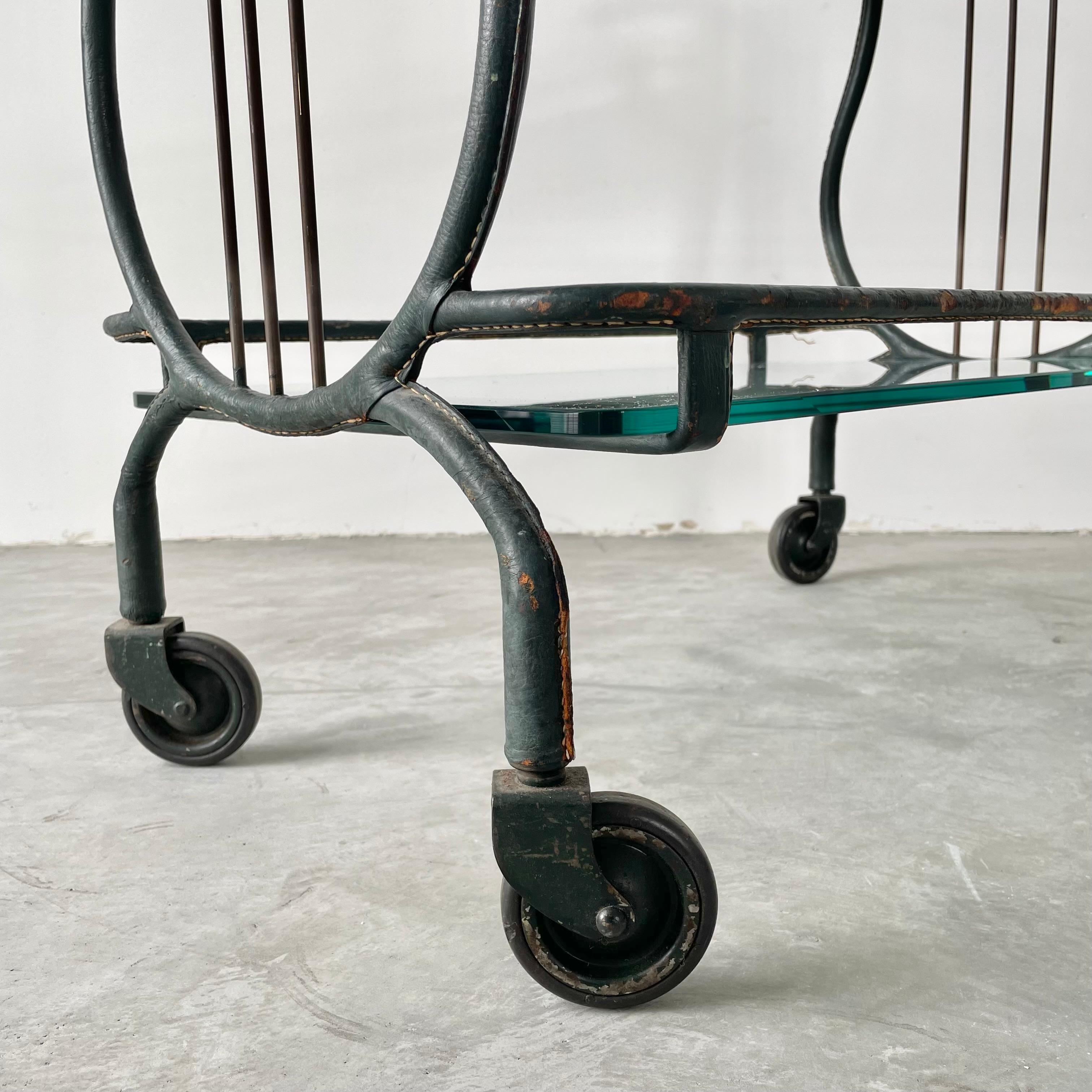 Jacques Adnet Green Leather Bar Cart, 1950s For Sale 4