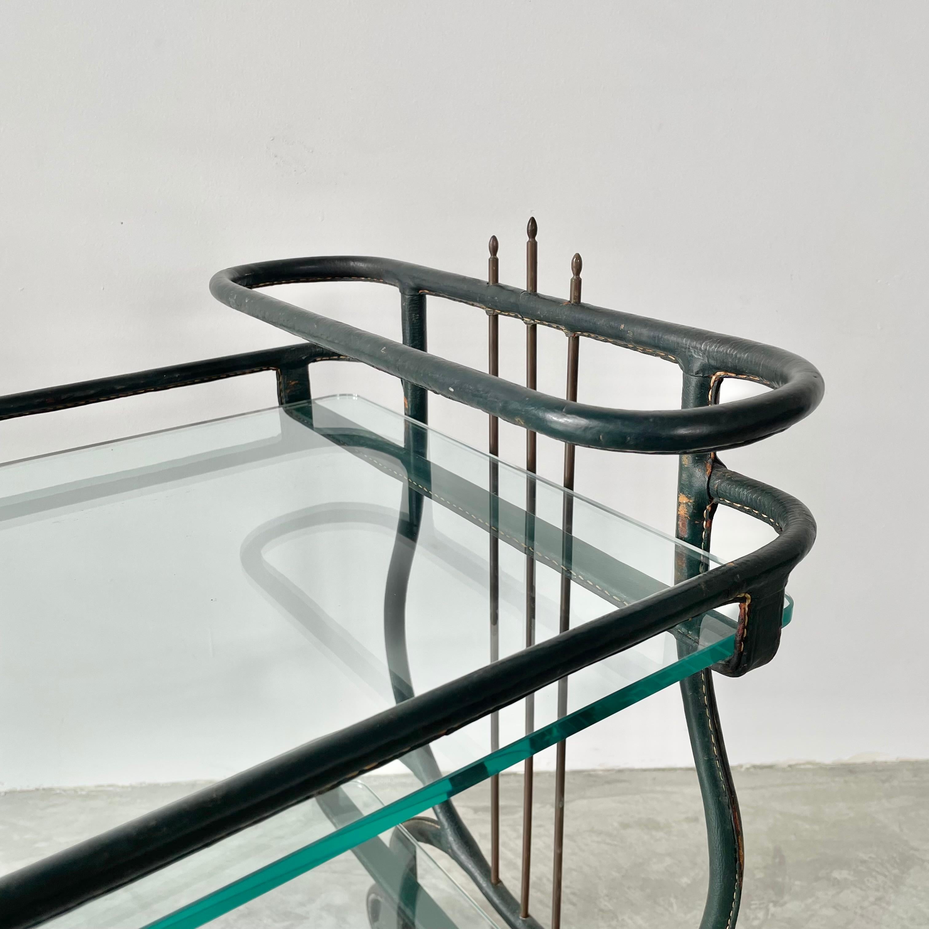 Jacques Adnet Green Leather Bar Cart, 1950s For Sale 5