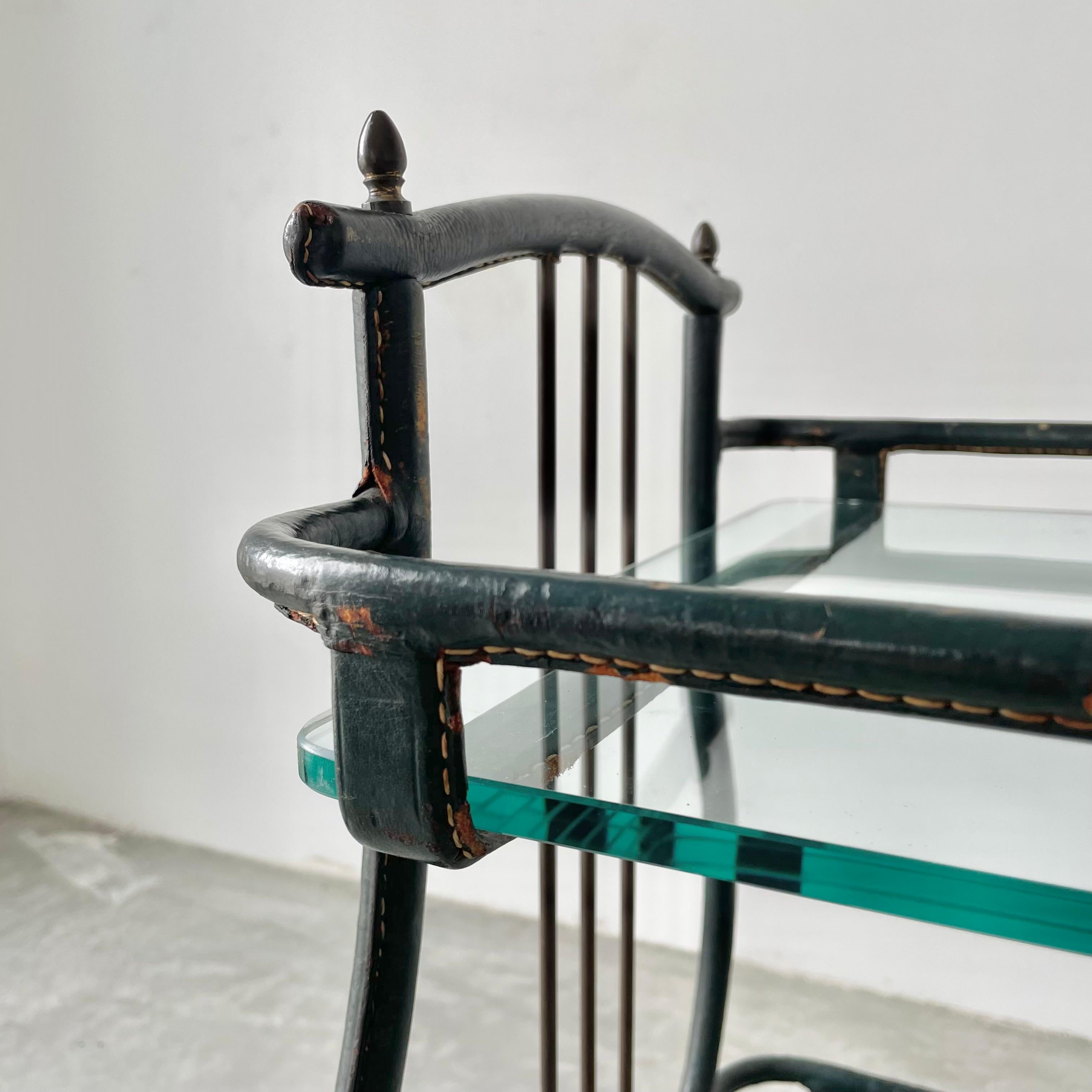 Jacques Adnet Green Leather Bar Cart, 1950s For Sale 6