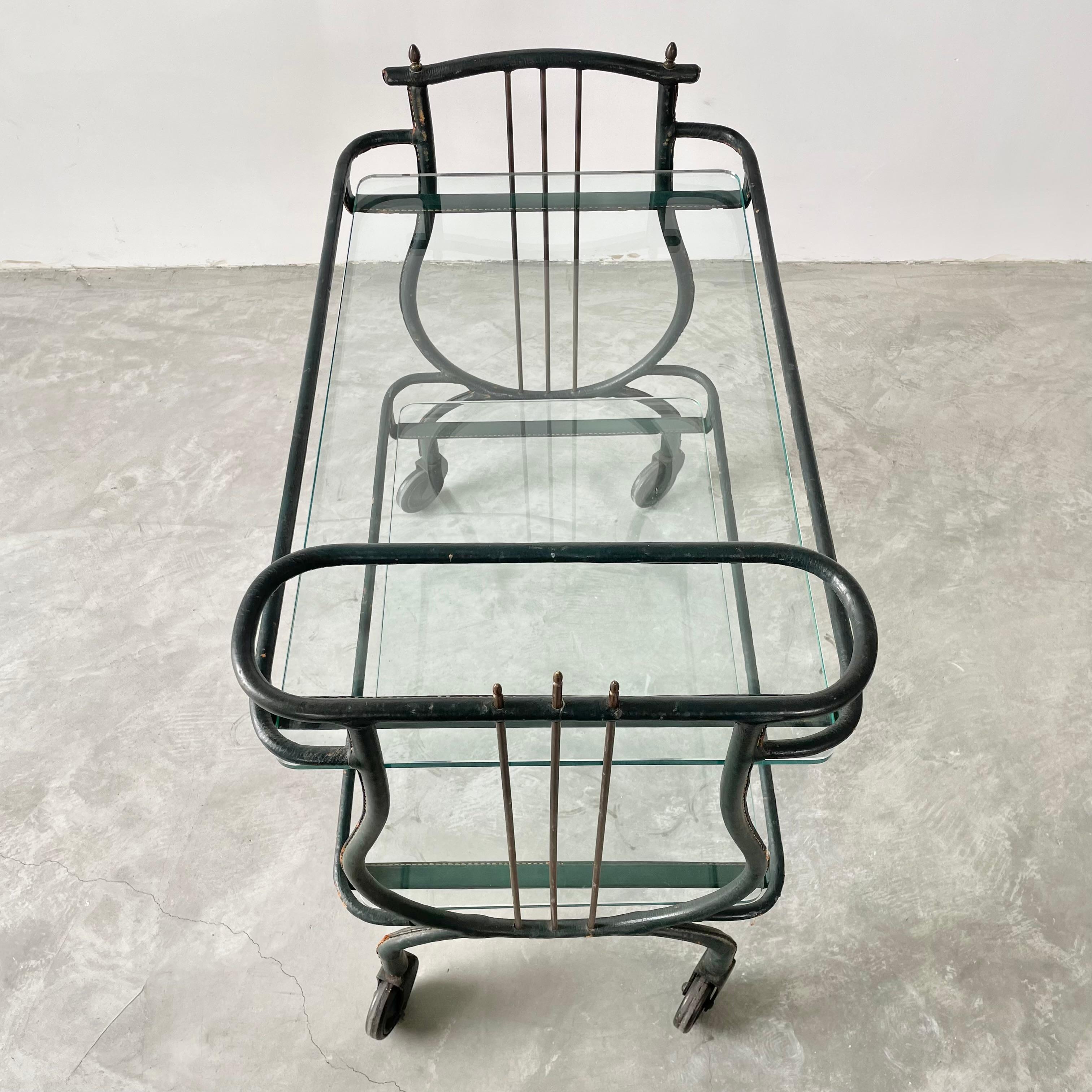 Jacques Adnet Green Leather Bar Cart, 1950s For Sale 7