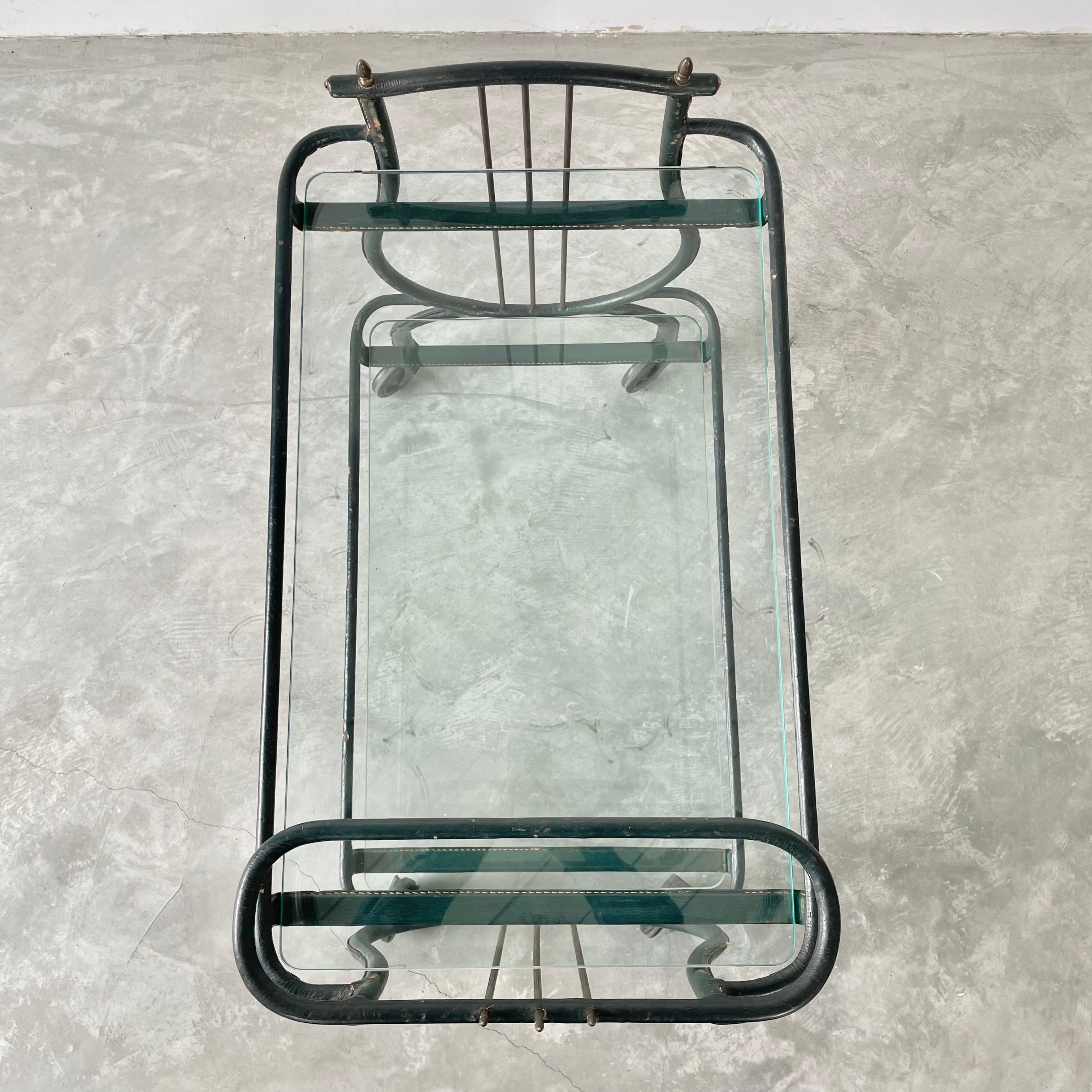 Jacques Adnet Green Leather Bar Cart, 1950s For Sale 8