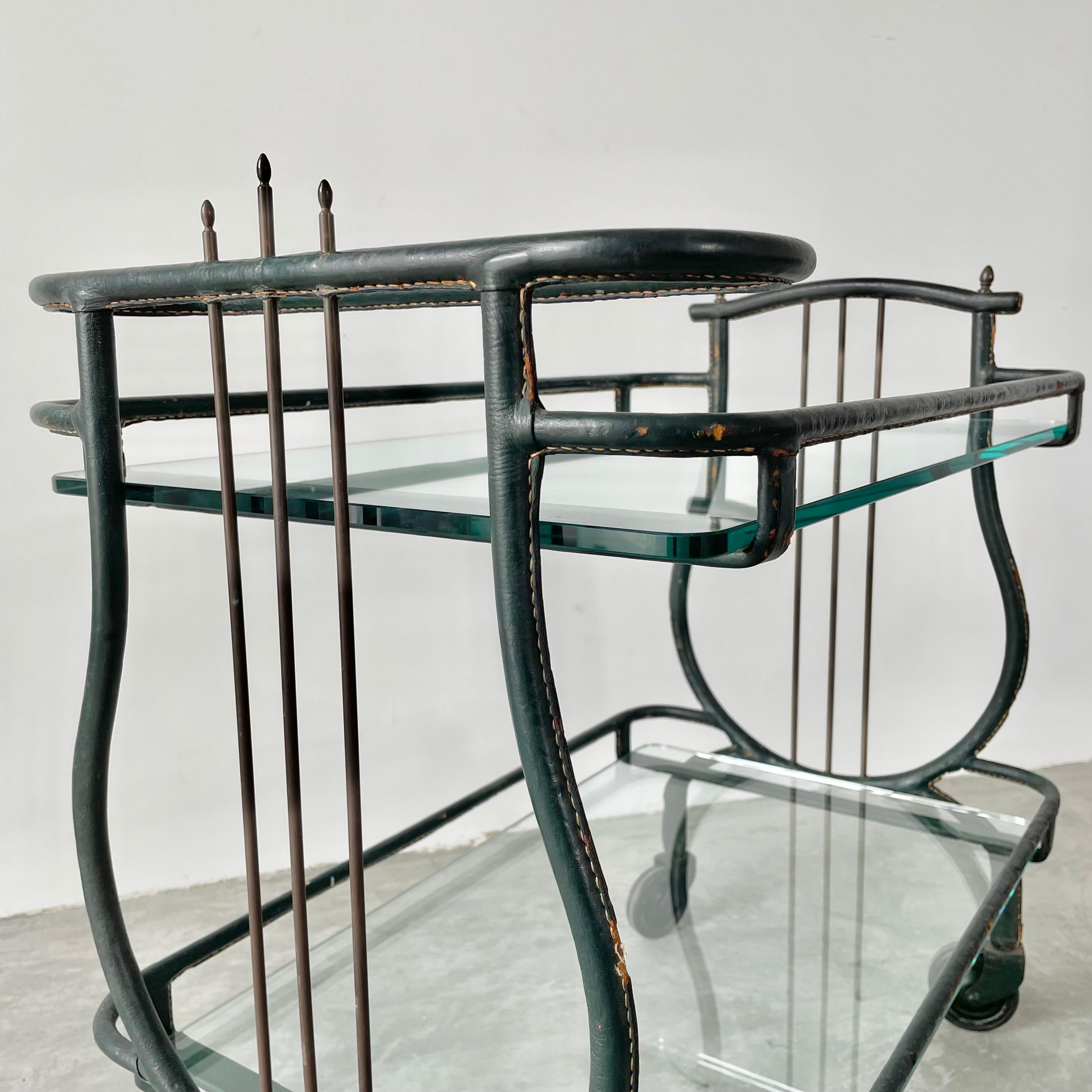 Jacques Adnet Green Leather Bar Cart, 1950s For Sale 9