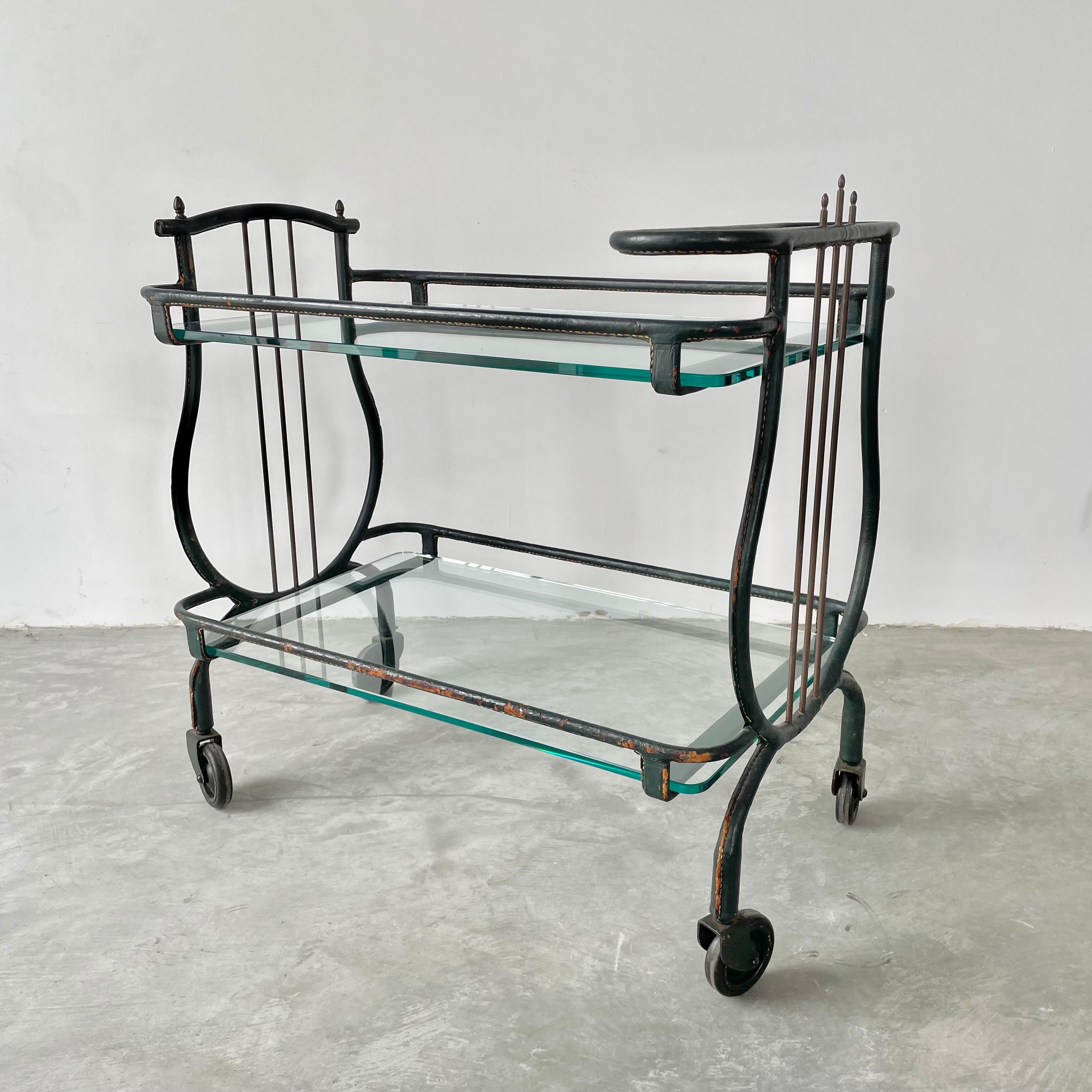 Art Deco Jacques Adnet Green Leather Bar Cart, 1950s For Sale