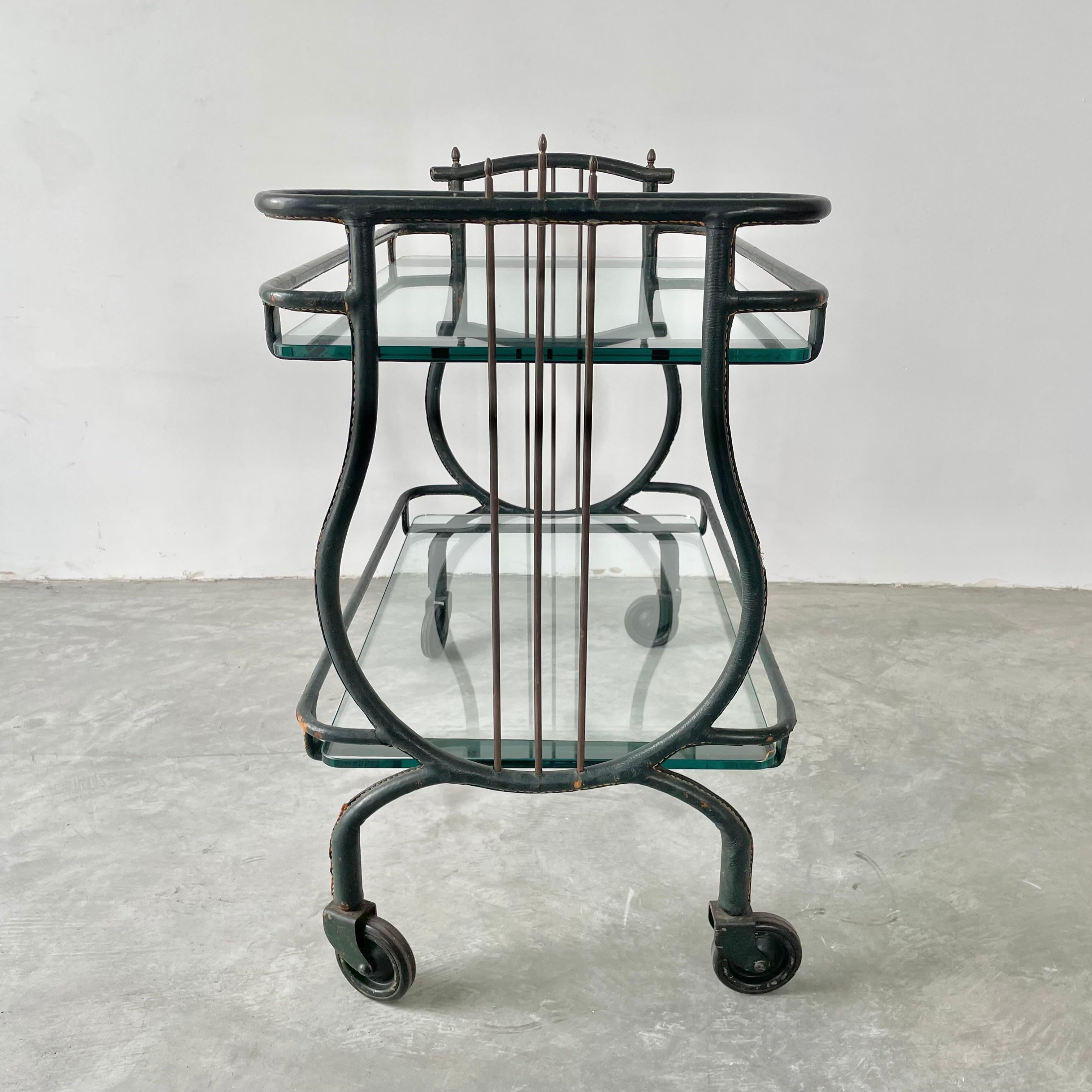 French Jacques Adnet Green Leather Bar Cart, 1950s For Sale