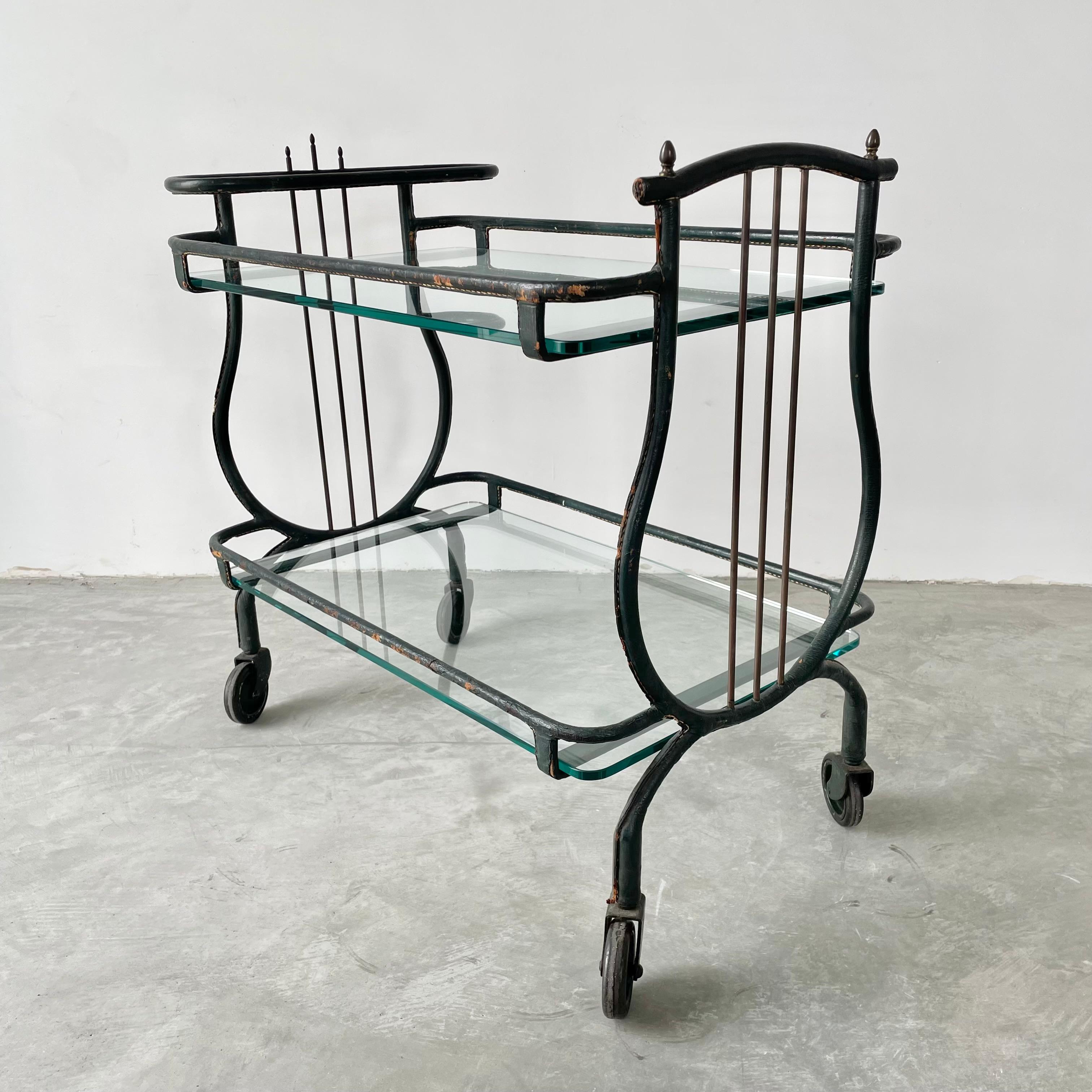 Jacques Adnet Green Leather Bar Cart, 1950s In Good Condition For Sale In Los Angeles, CA