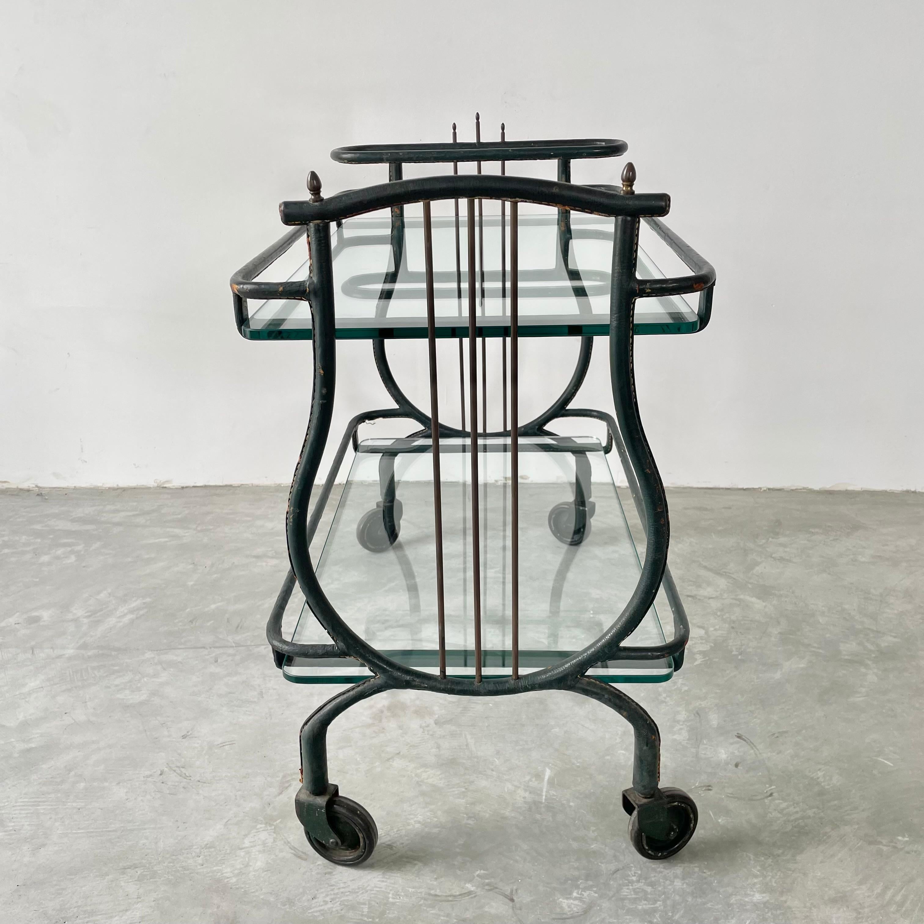 Mid-20th Century Jacques Adnet Green Leather Bar Cart, 1950s For Sale