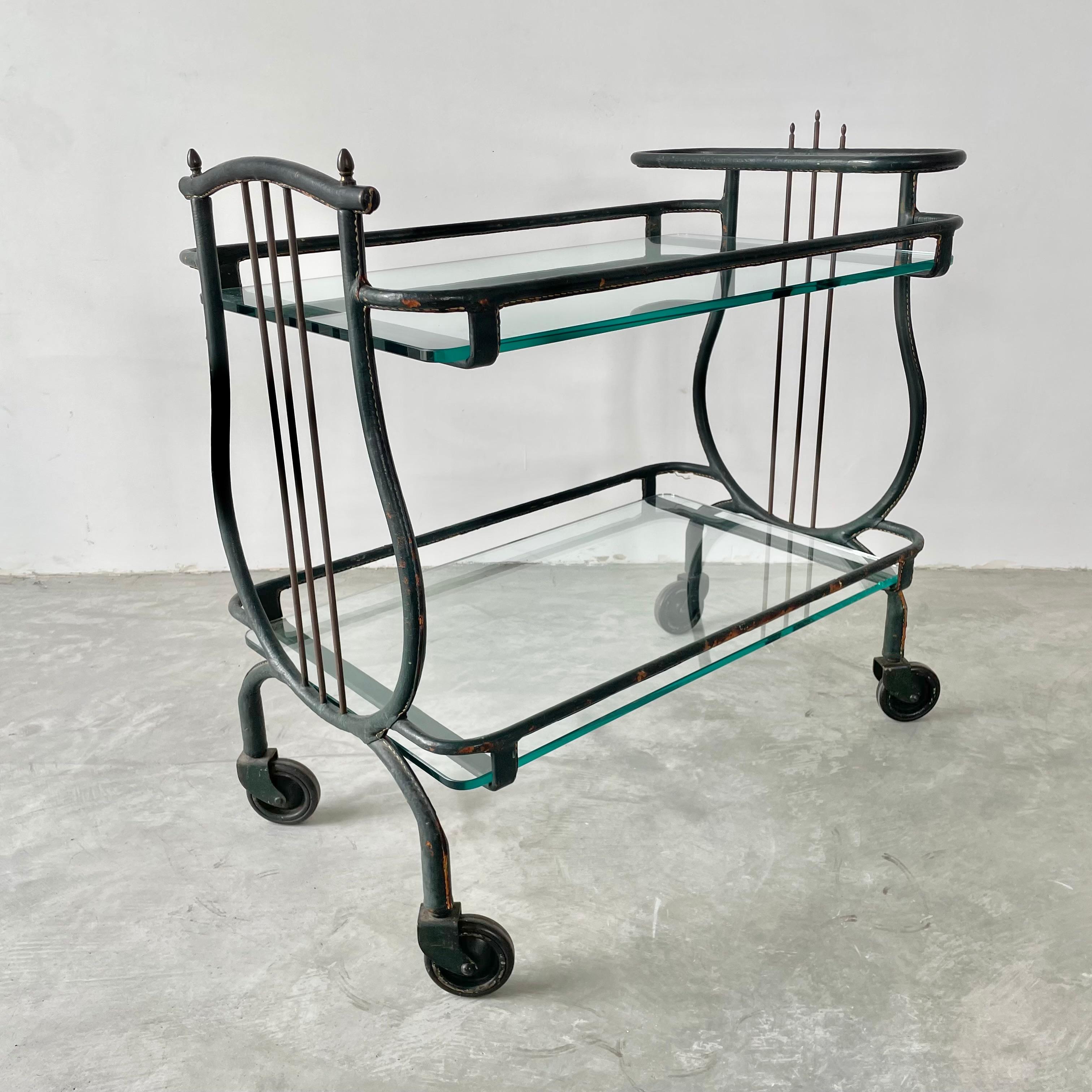 Jacques Adnet Green Leather Bar Cart, 1950s For Sale 1