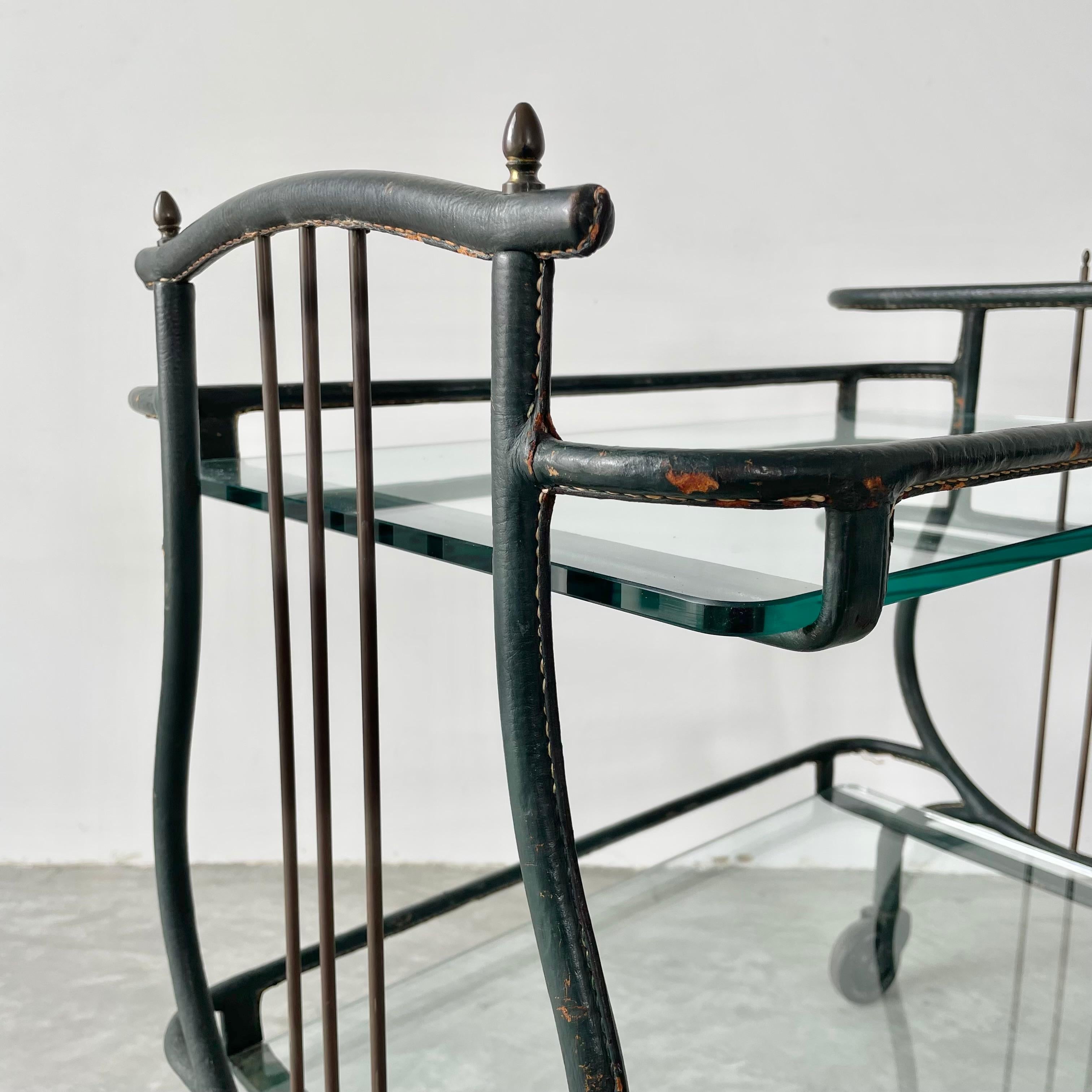 Jacques Adnet Green Leather Bar Cart, 1950s For Sale 3