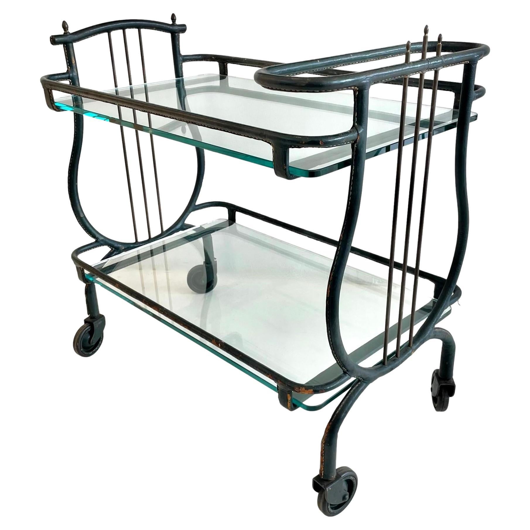 Jacques Adnet Green Leather Bar Cart, 1950s