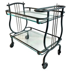Retro Jacques Adnet Green Leather Bar Cart, 1950s