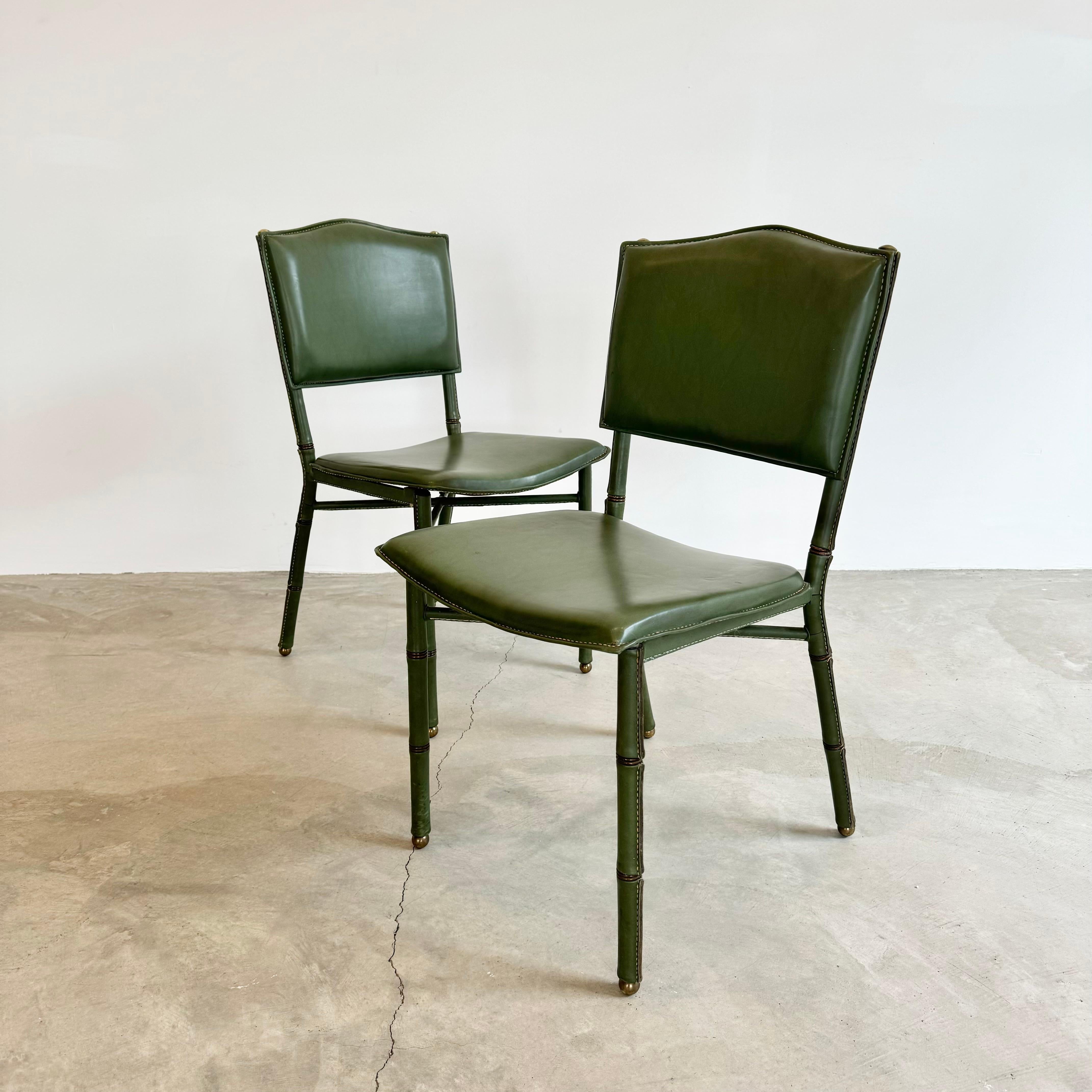 Art Deco Jacques Adnet Green Leather Chairs, Circa 1950s, France For Sale