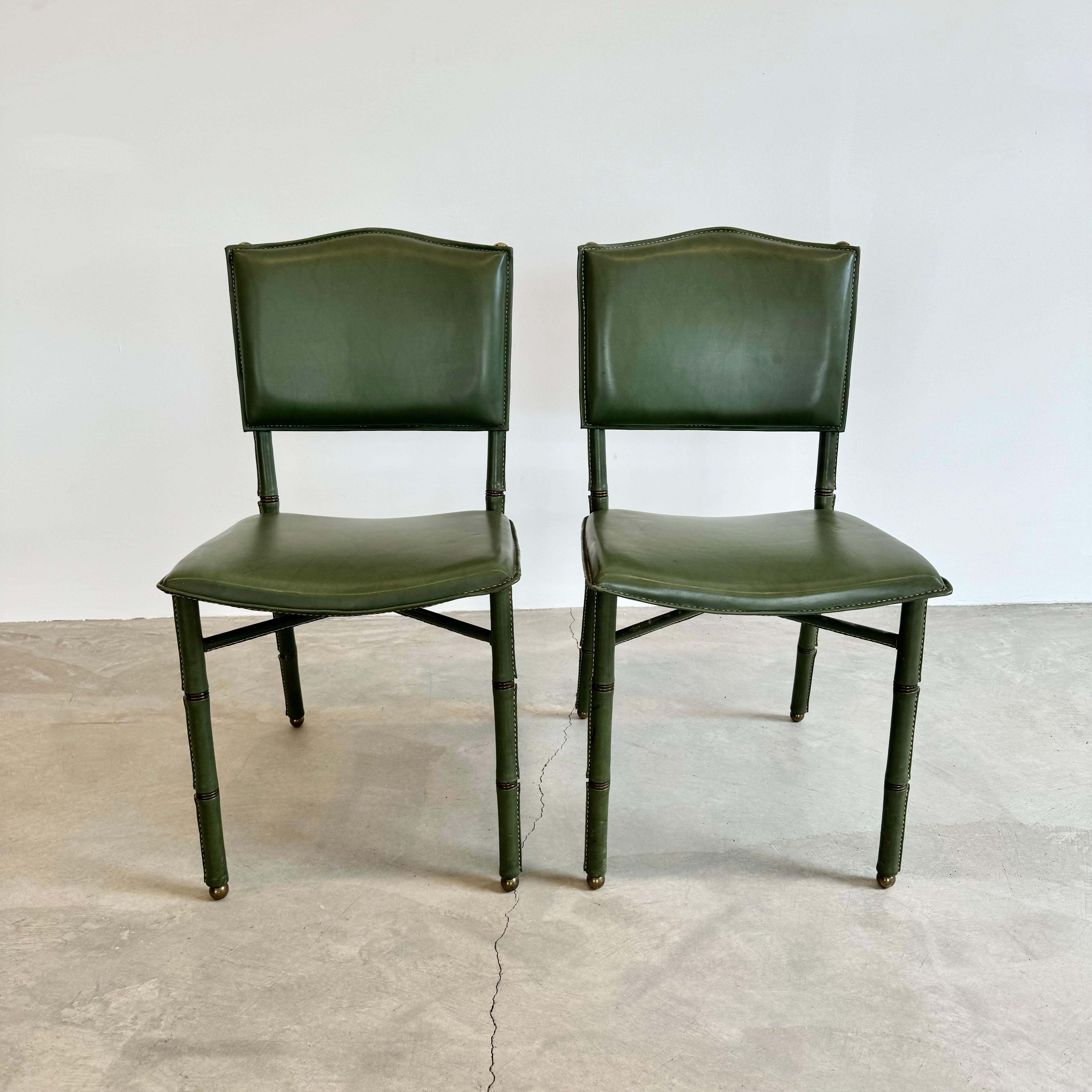 French Jacques Adnet Green Leather Chairs, Circa 1950s, France For Sale