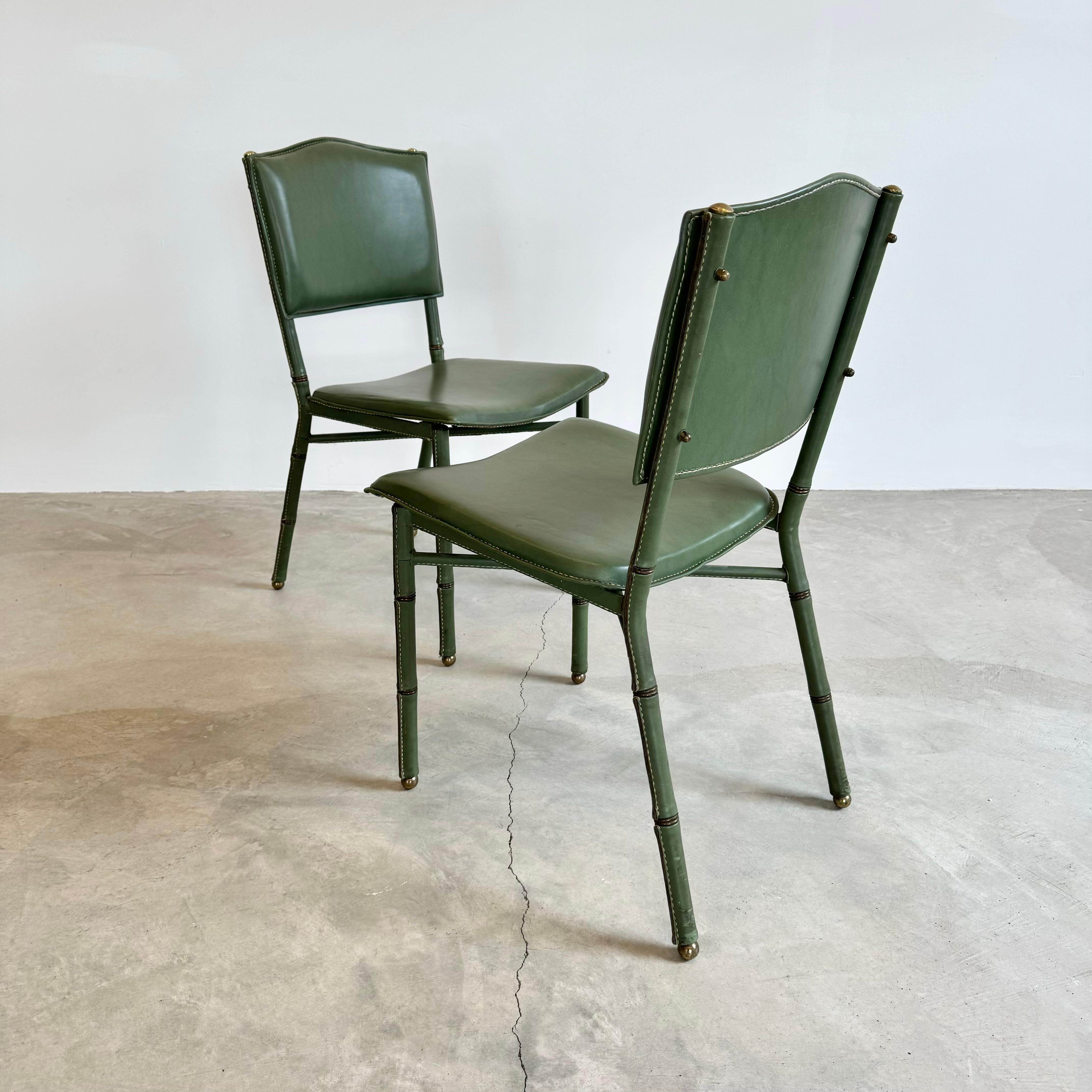Jacques Adnet Green Leather Chairs, Circa 1950s, France In Good Condition For Sale In Los Angeles, CA