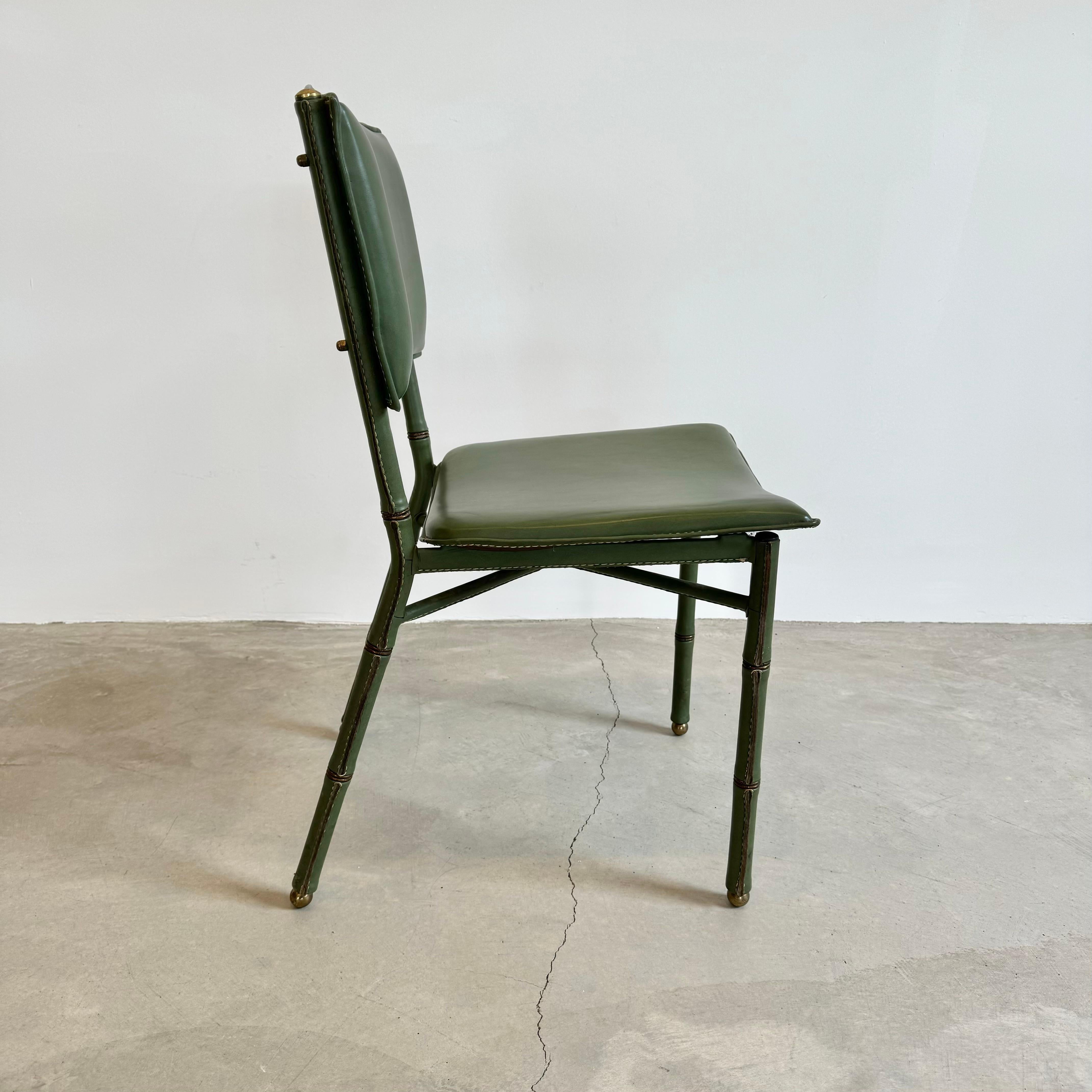 Mid-20th Century Jacques Adnet Green Leather Chairs, Circa 1950s, France For Sale