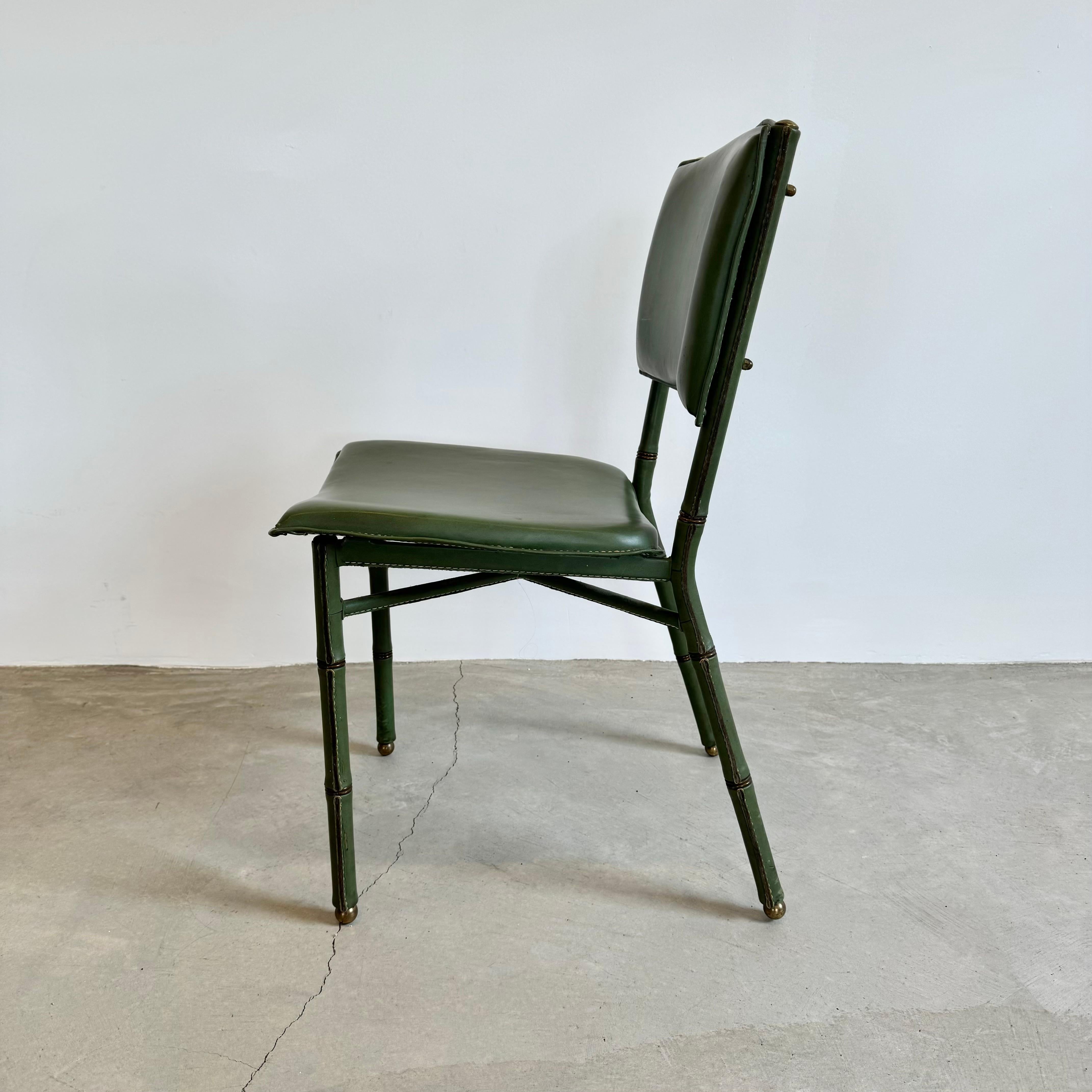 Metal Jacques Adnet Green Leather Chairs, Circa 1950s, France For Sale
