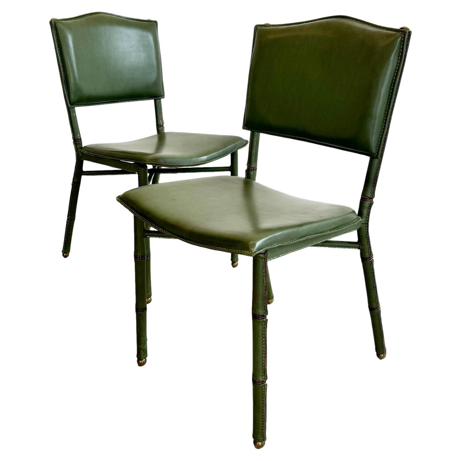 Jacques Adnet Green Leather Chairs, Circa 1950s, France For Sale