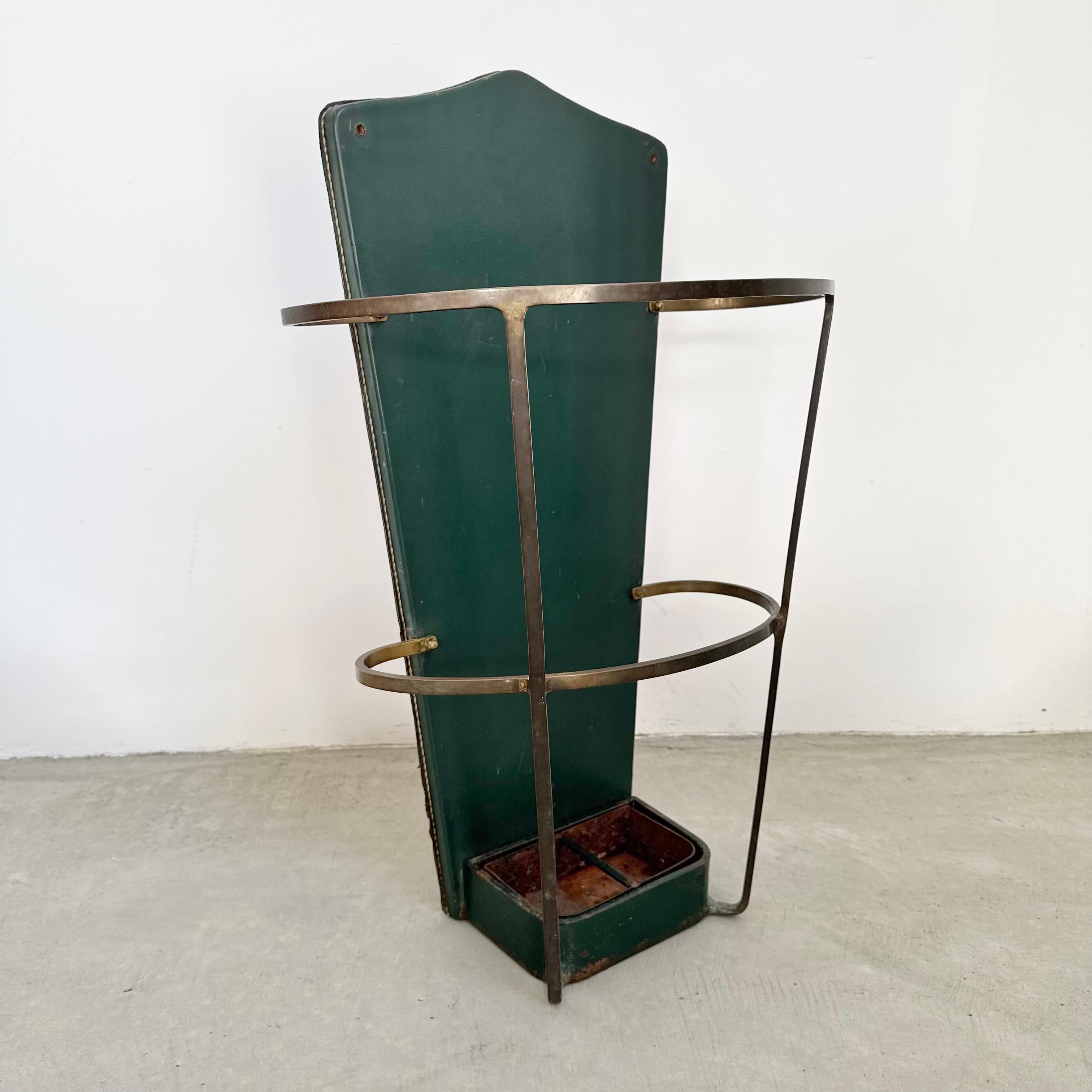 Art Deco Jacques Adnet Green Leather Umbrella Stand, 1950s France For Sale
