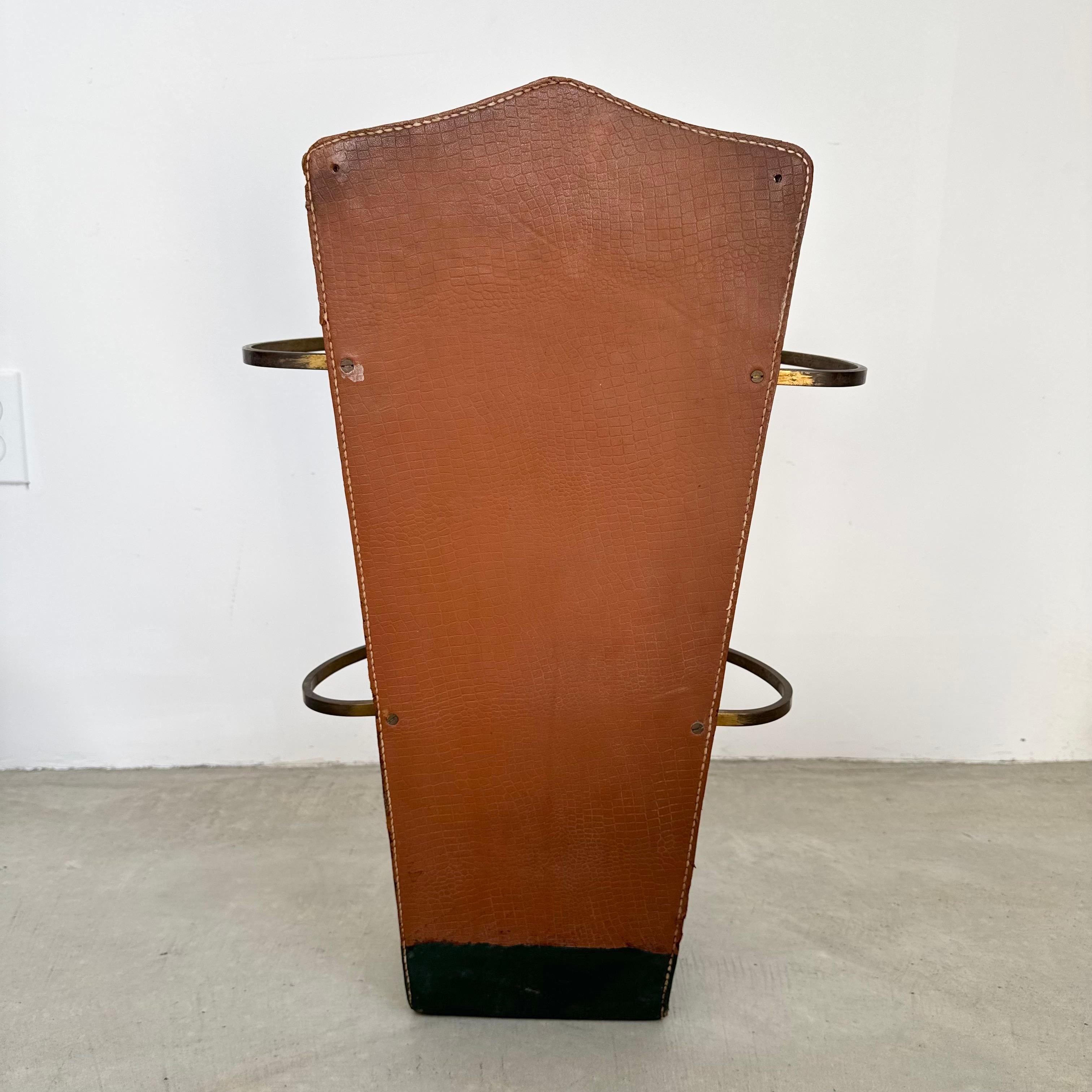 Brass Jacques Adnet Green Leather Umbrella Stand, 1950s France For Sale