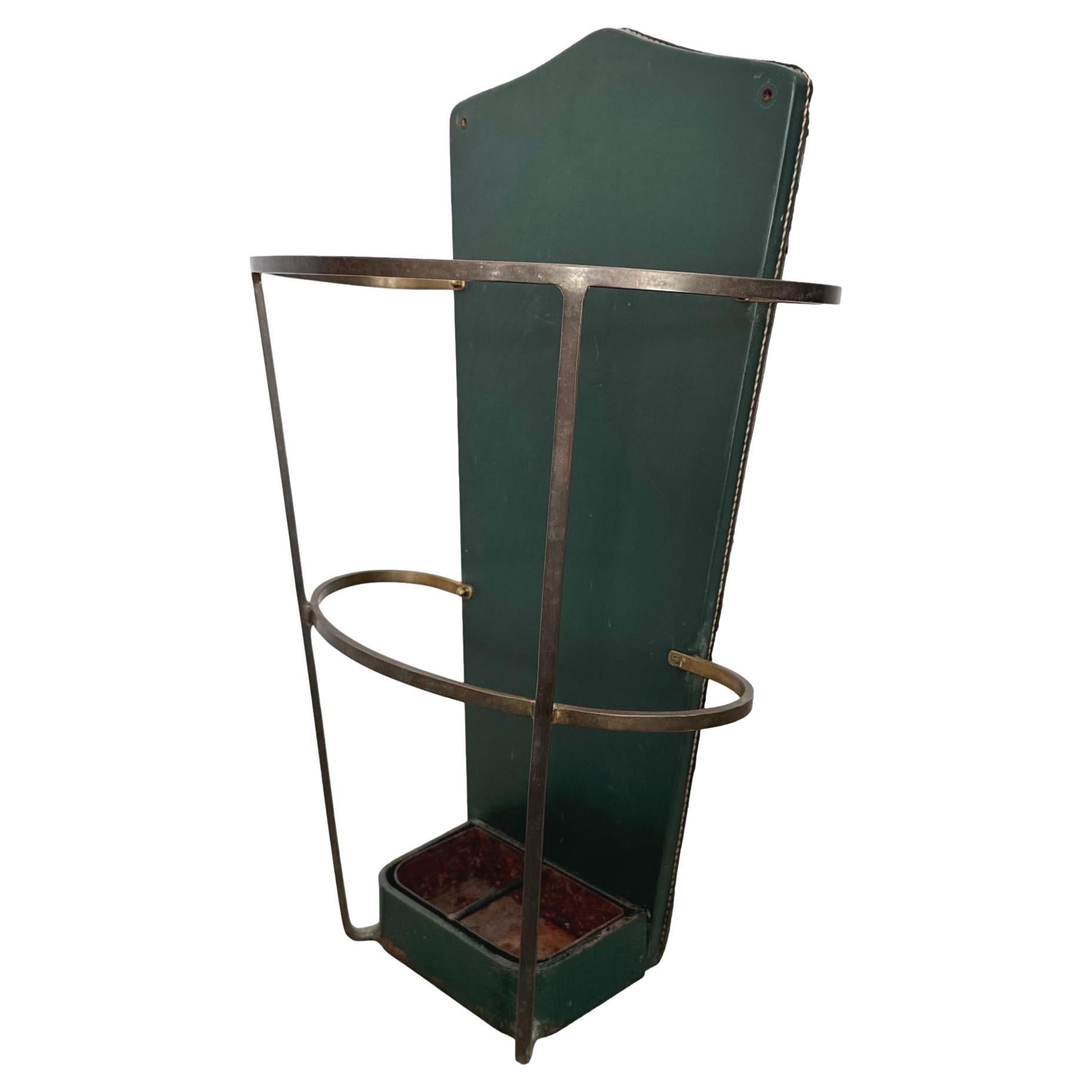 Jacques Adnet Green Leather Umbrella Stand, 1950s France