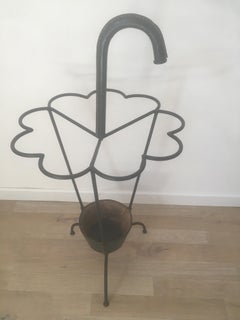Jacques Adnet Green Stitched Leather and Black Iron Umbrella Stand, French 1950s