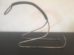 Jacques Adnet Green Stitched Leather and Metal Bottle Holder, French, 1950s