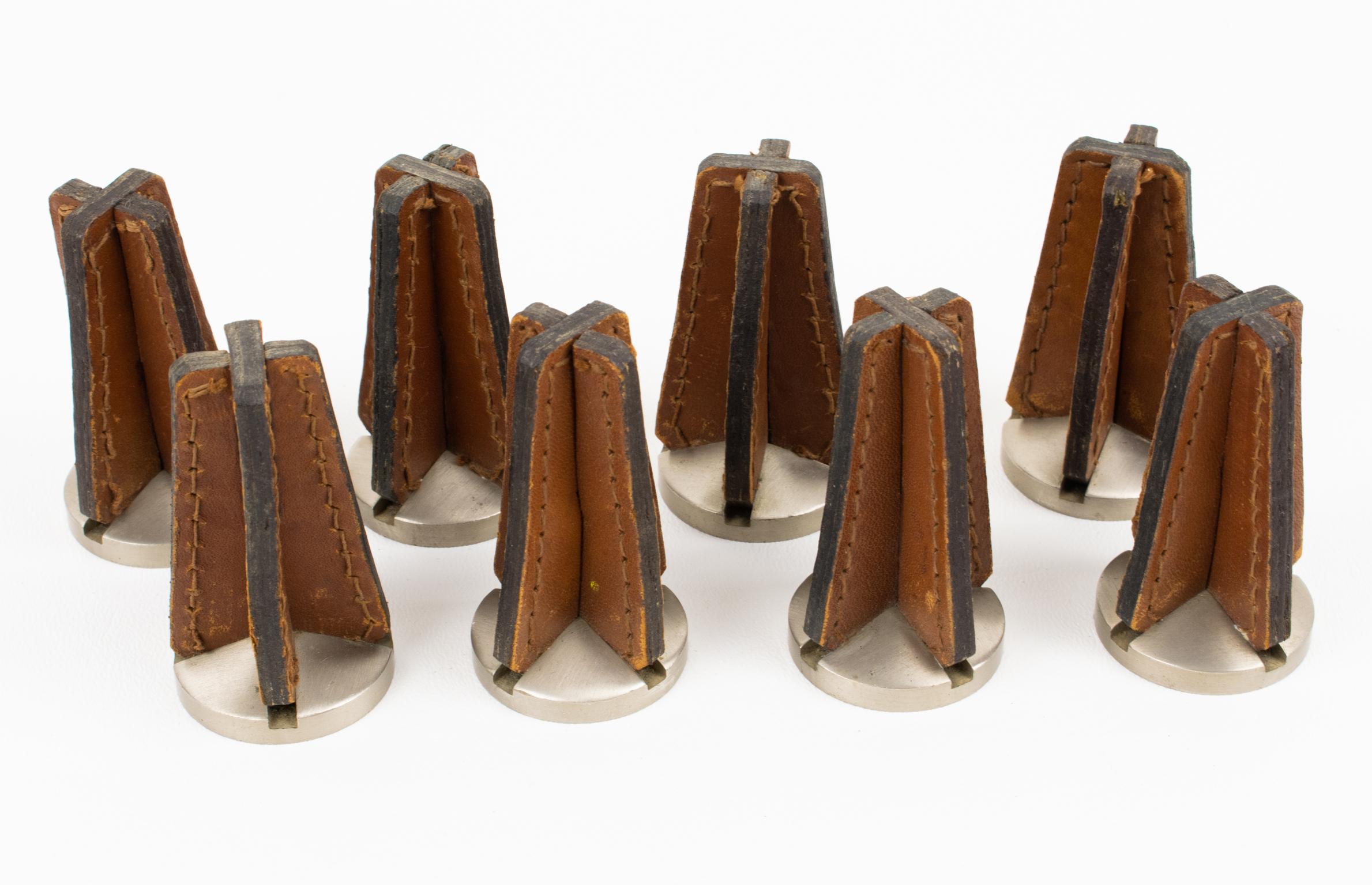 Metal Jacques Adnet Hand-Stitched Black and Cognac Leather Chess Board and Set For Sale