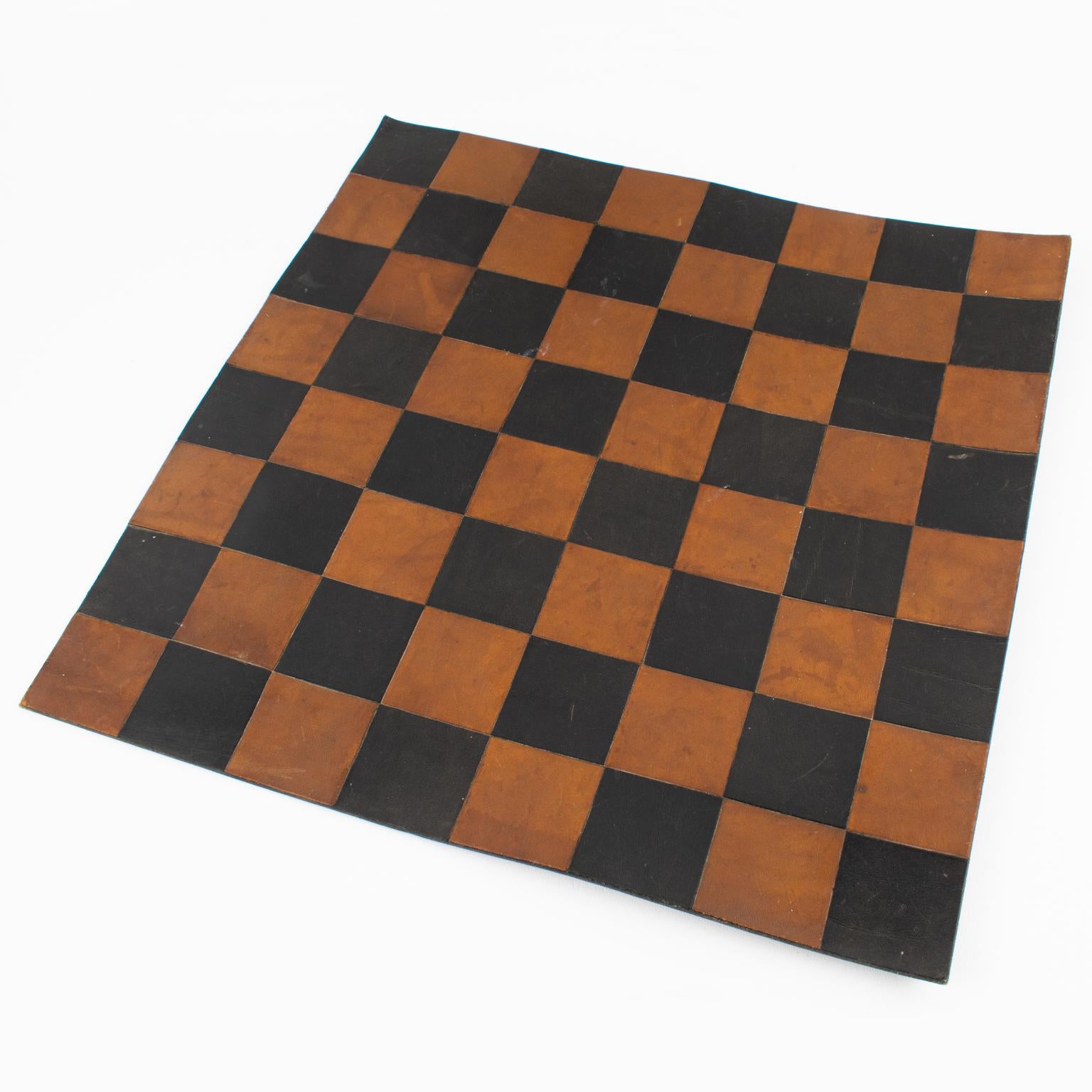 Modern Jacques Adnet Hand-Stitched Black and Cognac Leather Chess Board and Set For Sale