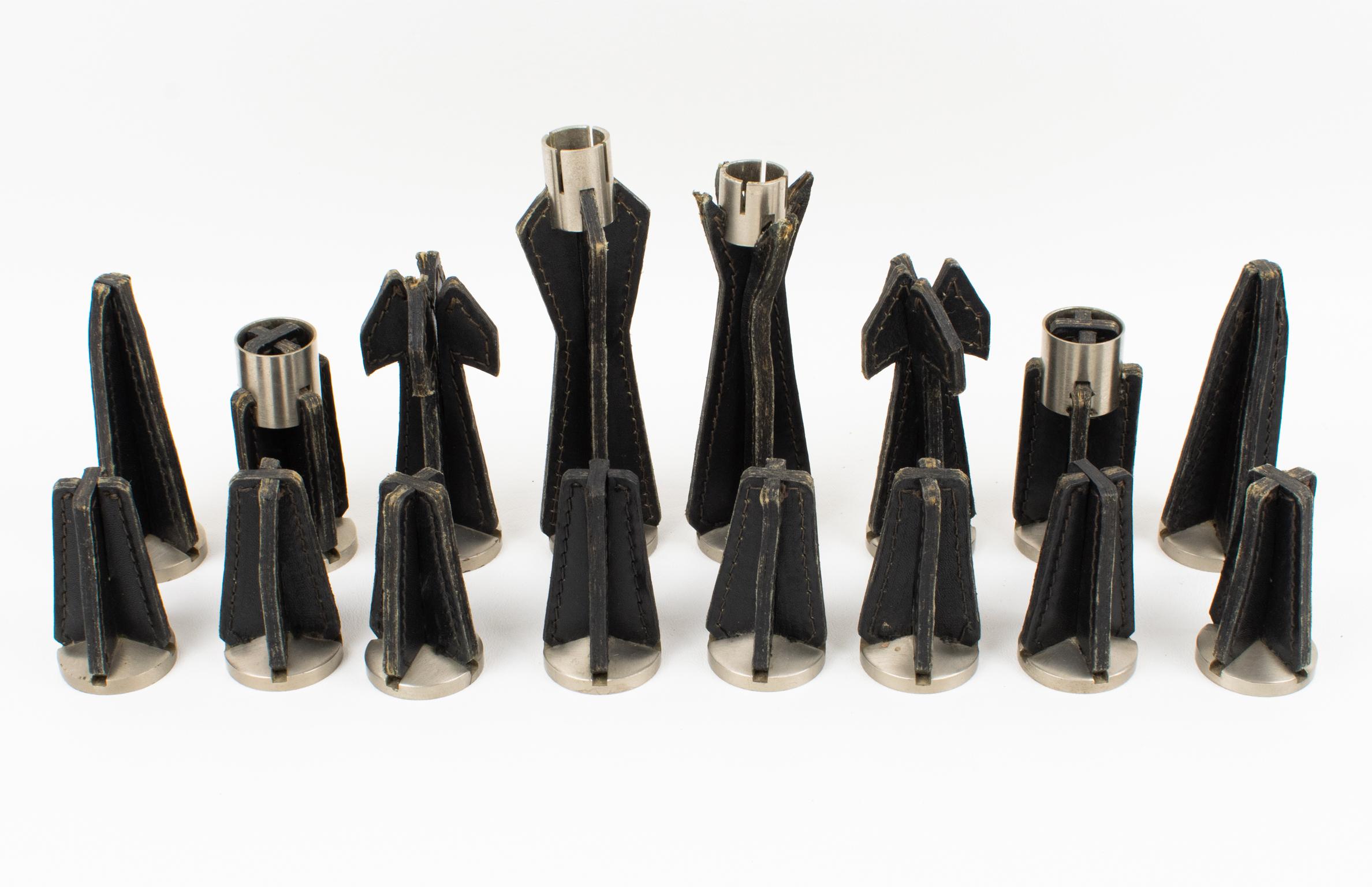 French Jacques Adnet Hand-Stitched Black and Cognac Leather Chess Board and Set For Sale